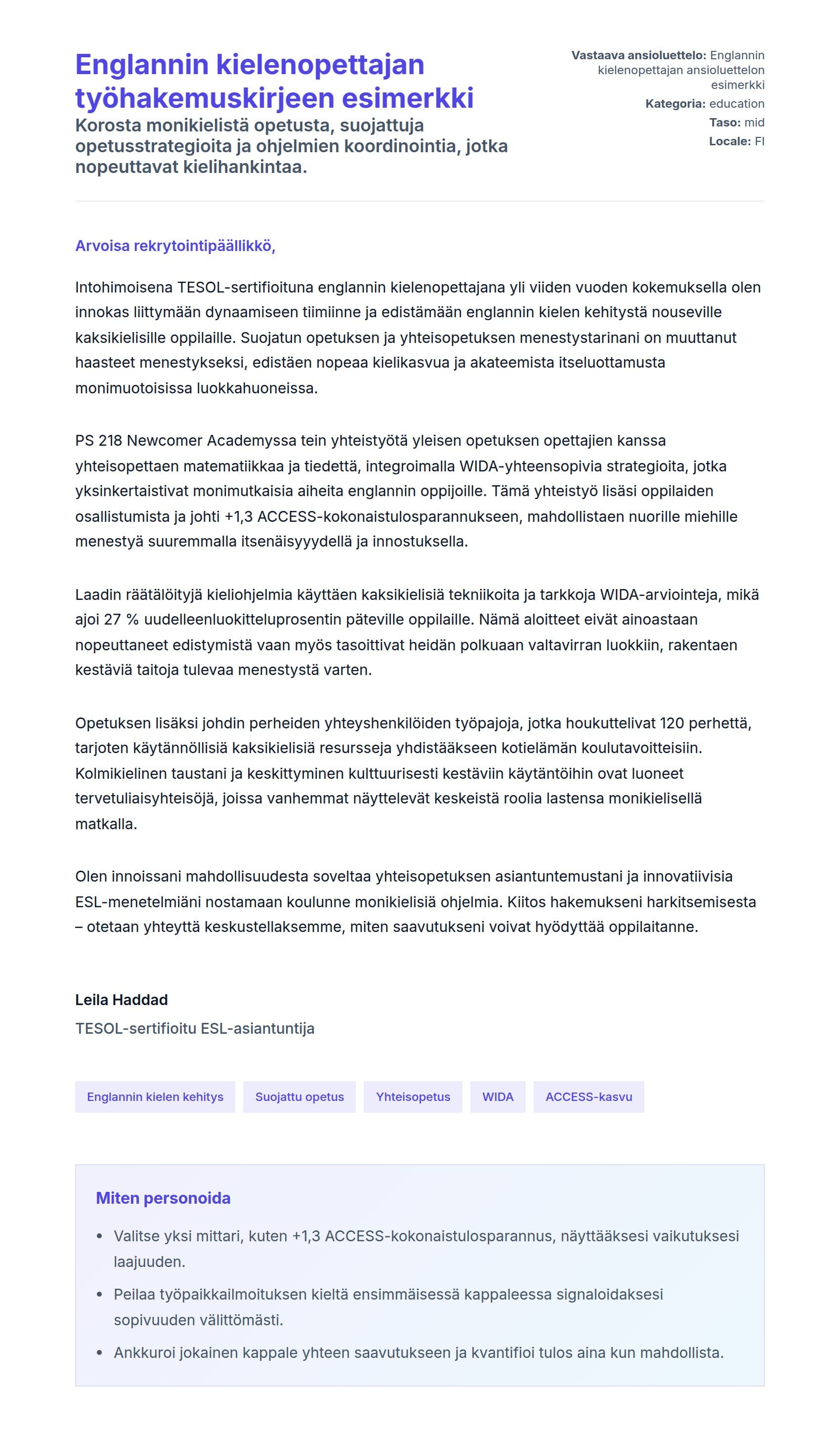 Työhakemuskirjeen esikatselu kohteelle Englannin kielenopettajan työhakemuskirjeen esimerkki