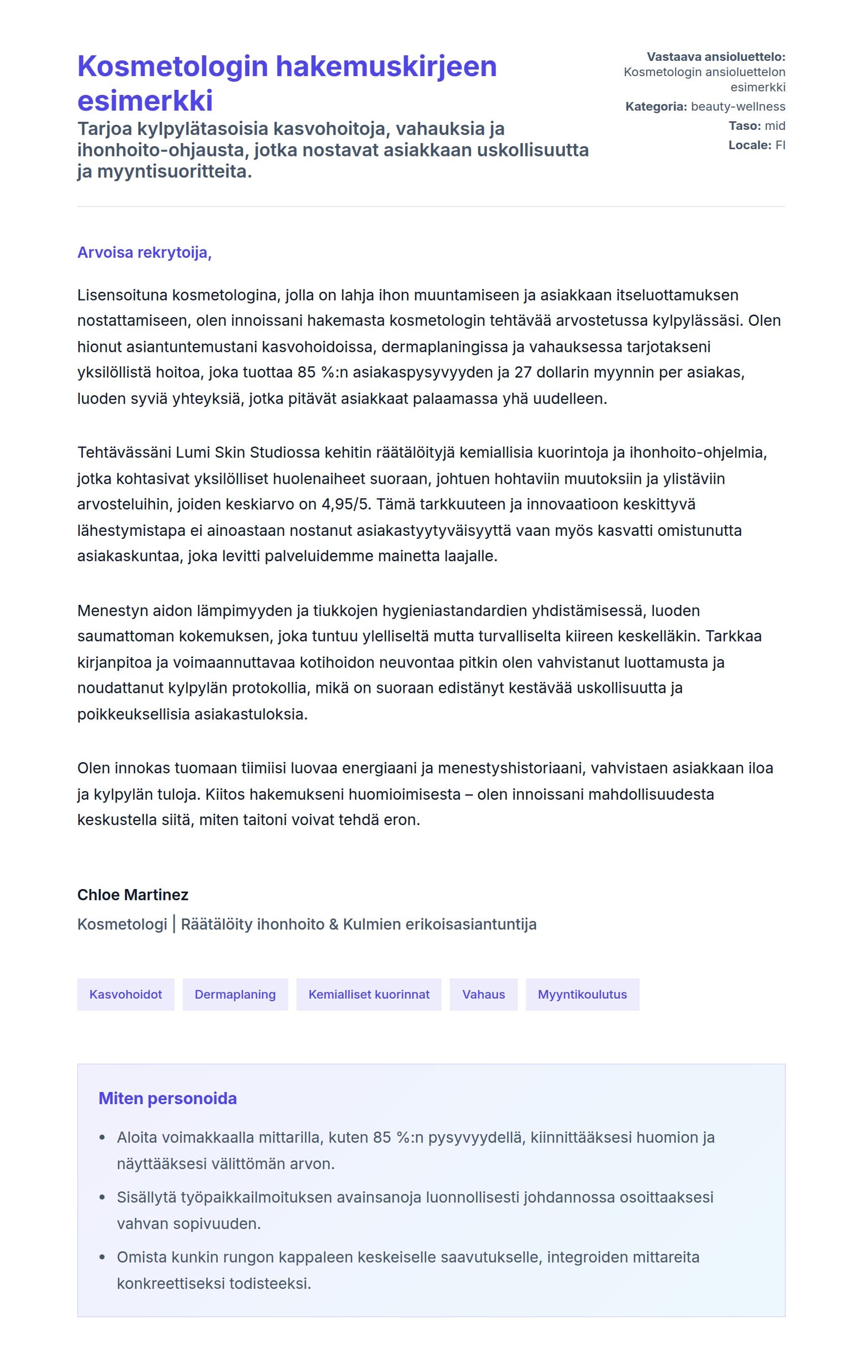 Työhakemuskirjeen esikatselu kohteelle Kosmetologin hakemuskirjeen esimerkki