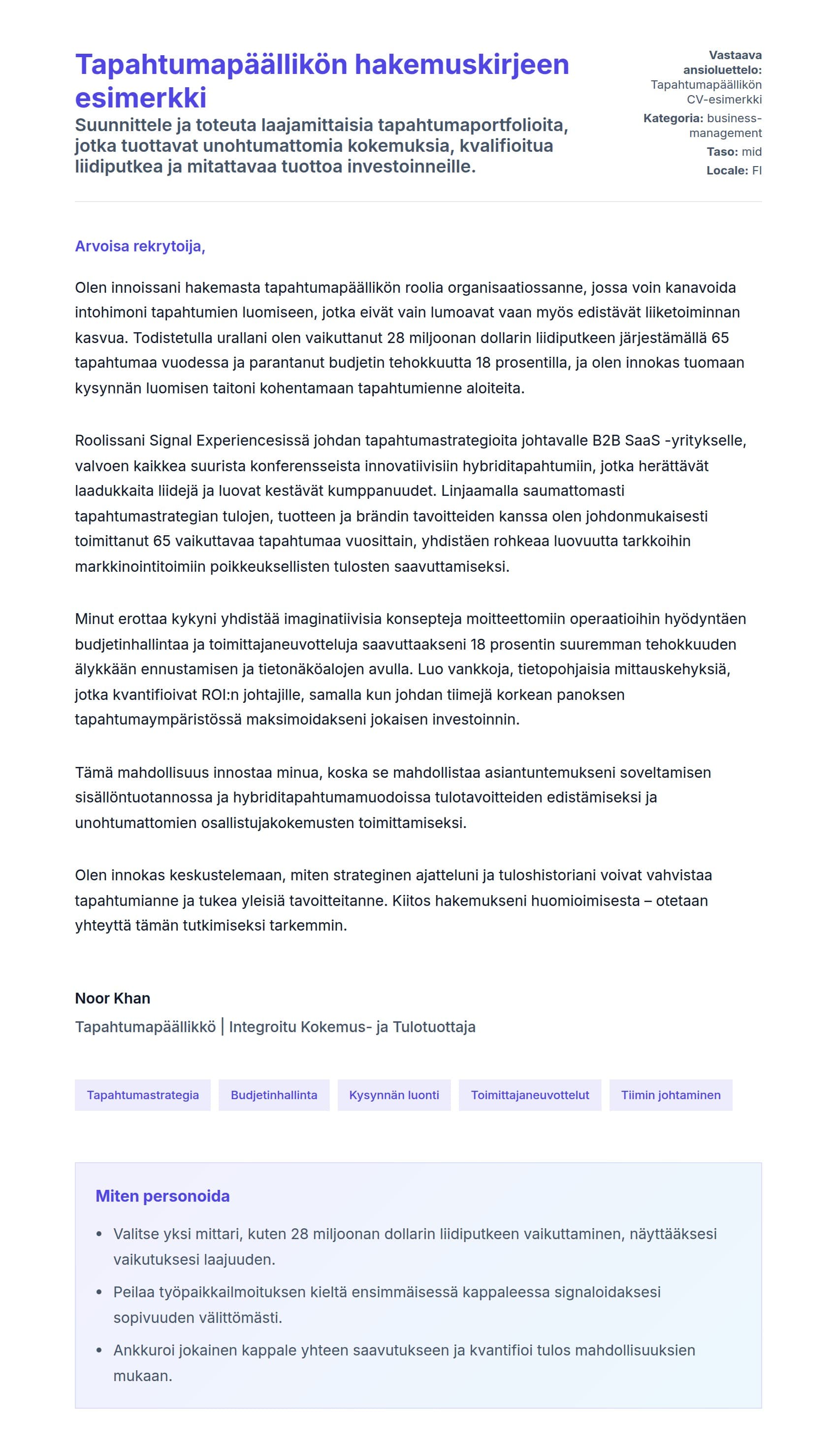 Työhakemuskirjeen esikatselu kohteelle Tapahtumapäällikön hakemuskirjeen esimerkki
