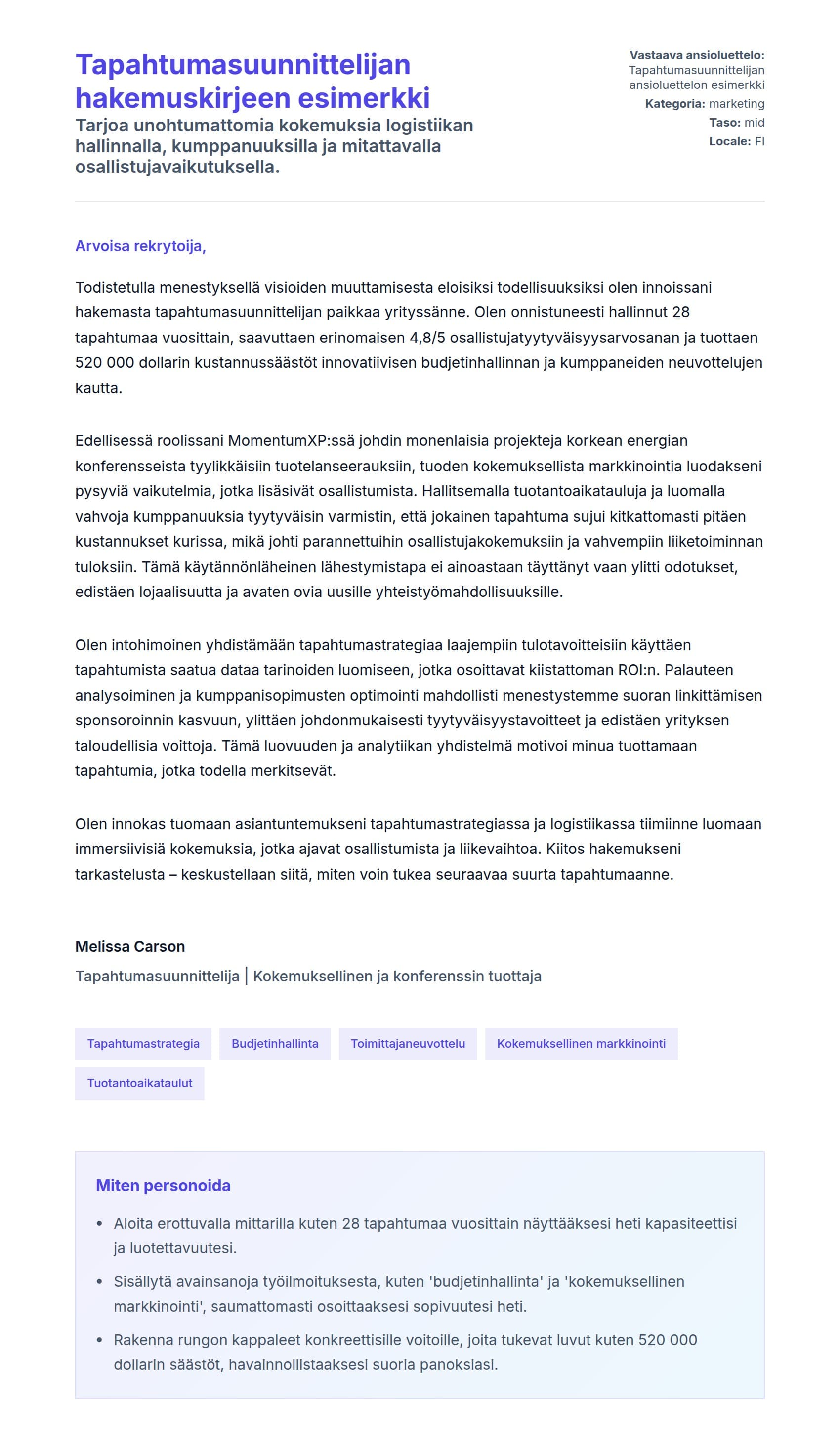 Työhakemuskirjeen esikatselu kohteelle Tapahtumasuunnittelijan hakemuskirjeen esimerkki