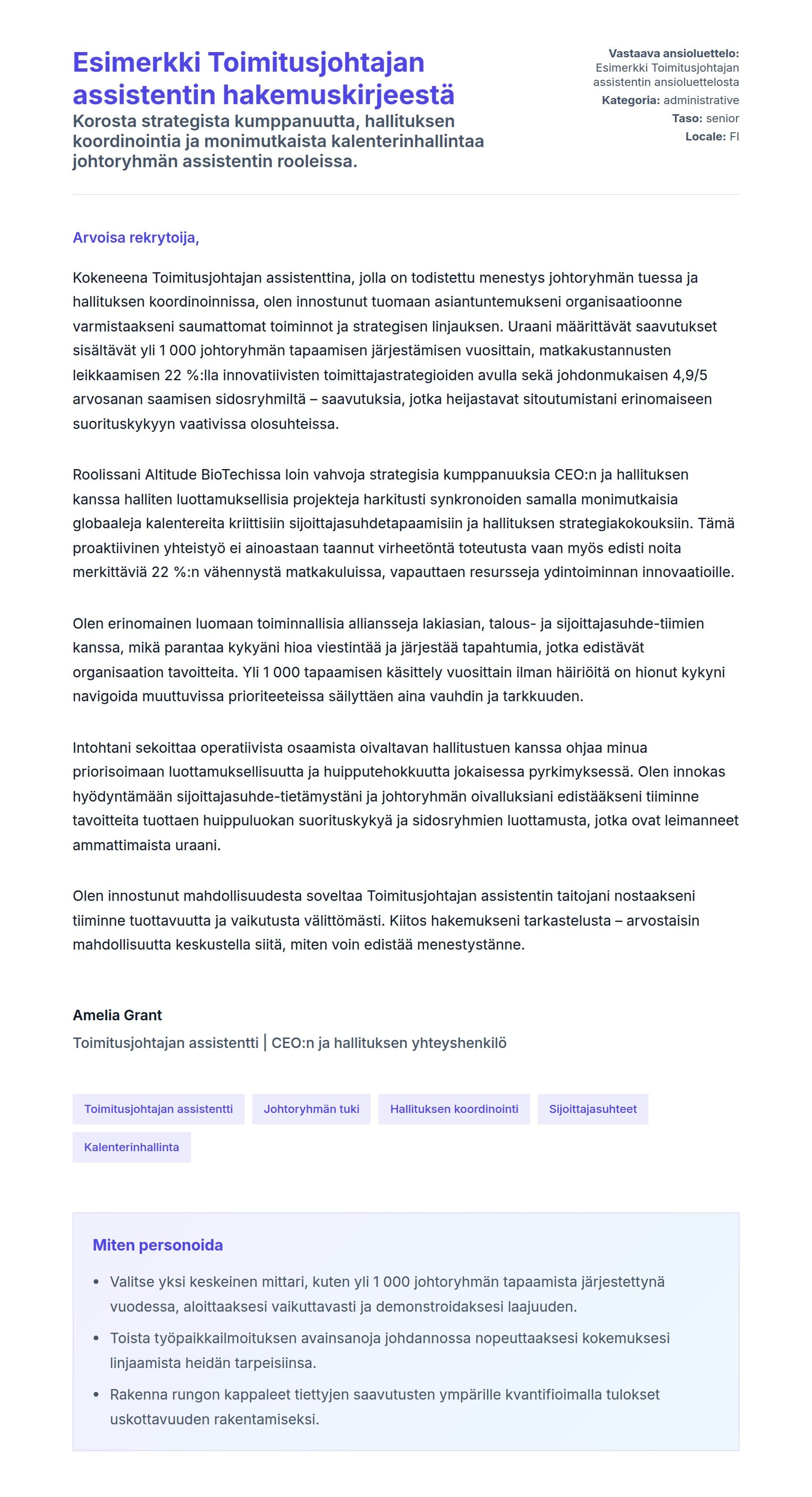 Työhakemuskirjeen esikatselu kohteelle Esimerkki Toimitusjohtajan assistentin hakemuskirjeestä