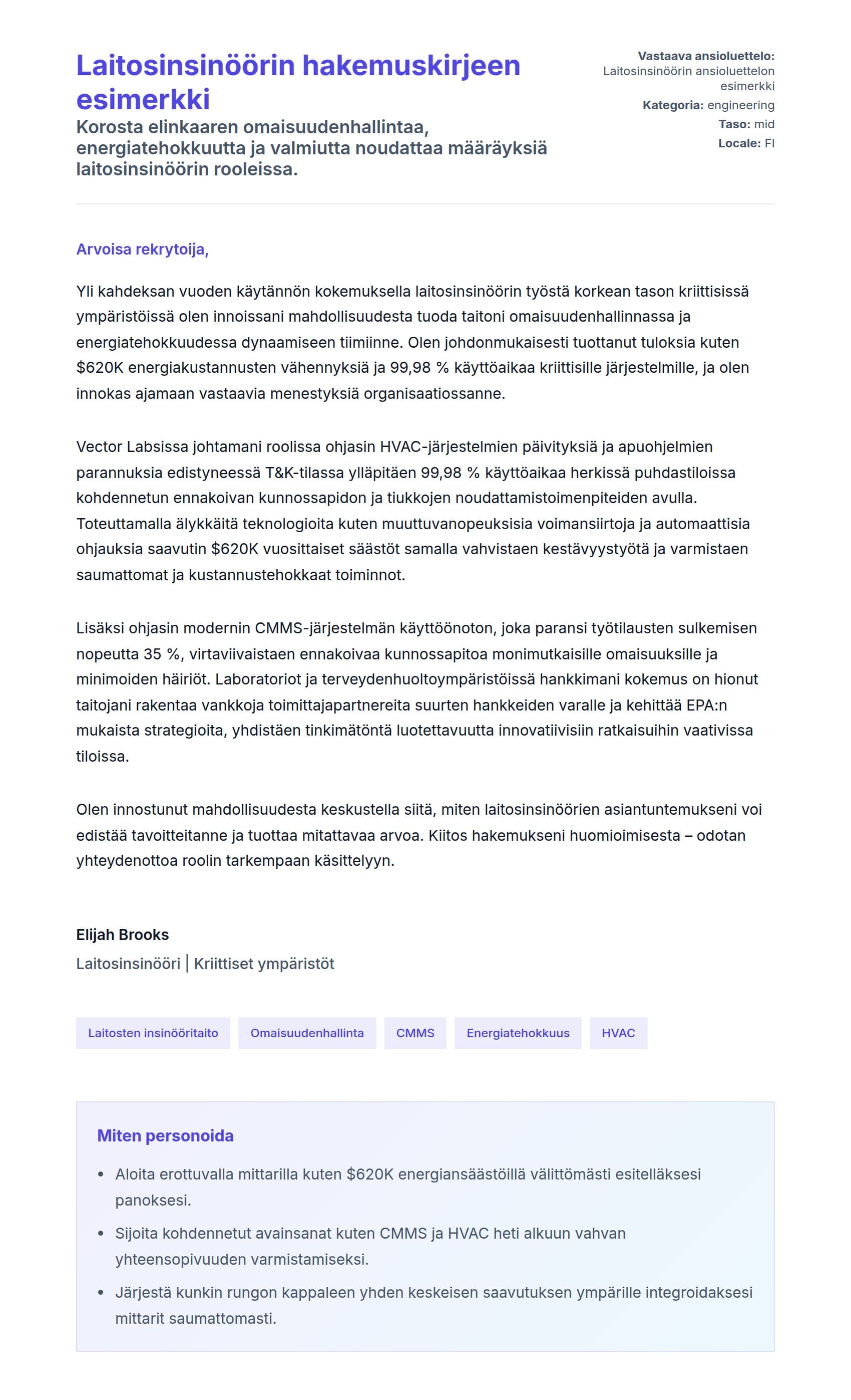 Työhakemuskirjeen esikatselu kohteelle Laitosinsinöörin hakemuskirjeen esimerkki