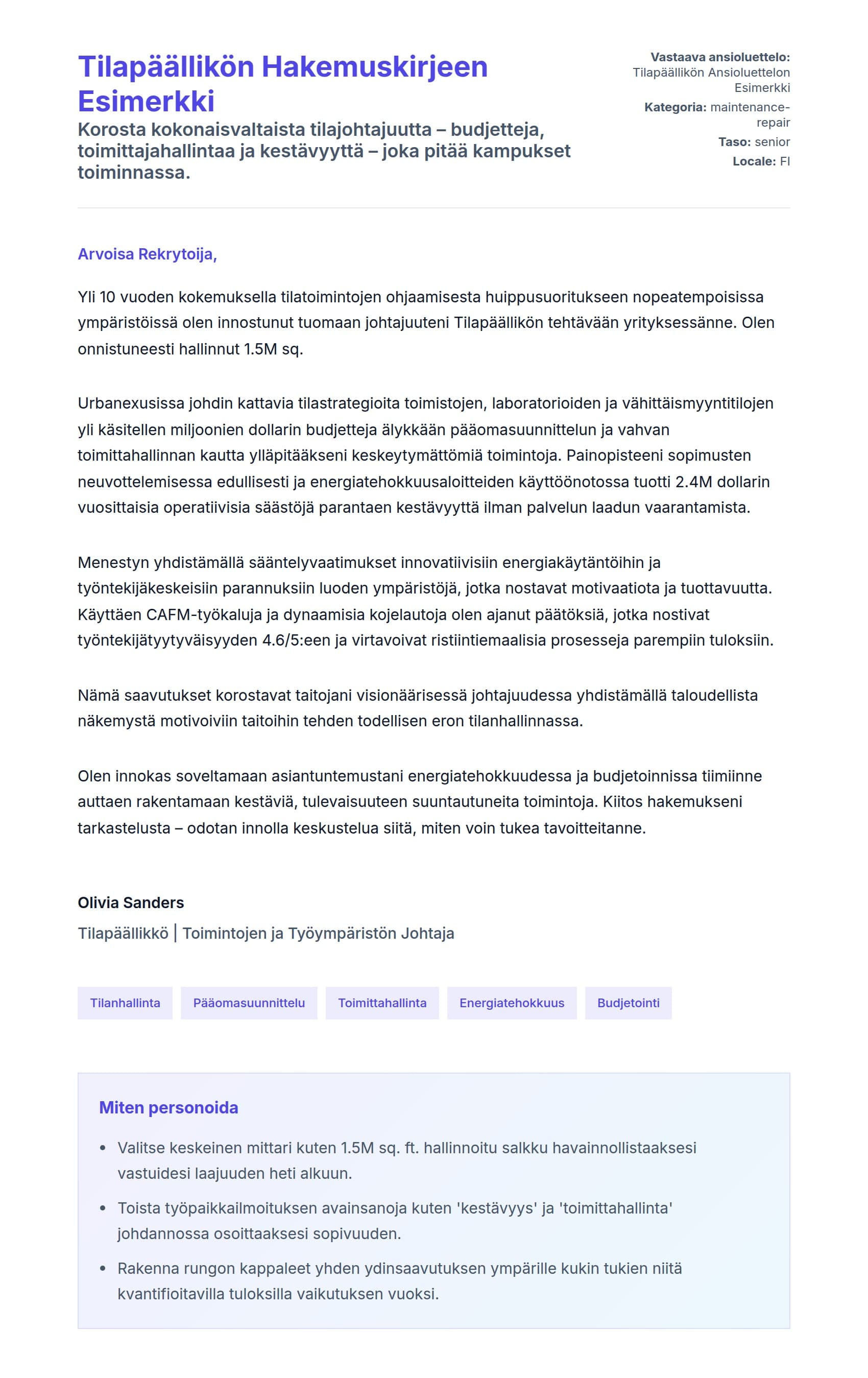 Työhakemuskirjeen esikatselu kohteelle Tilapäällikön Hakemuskirjeen Esimerkki