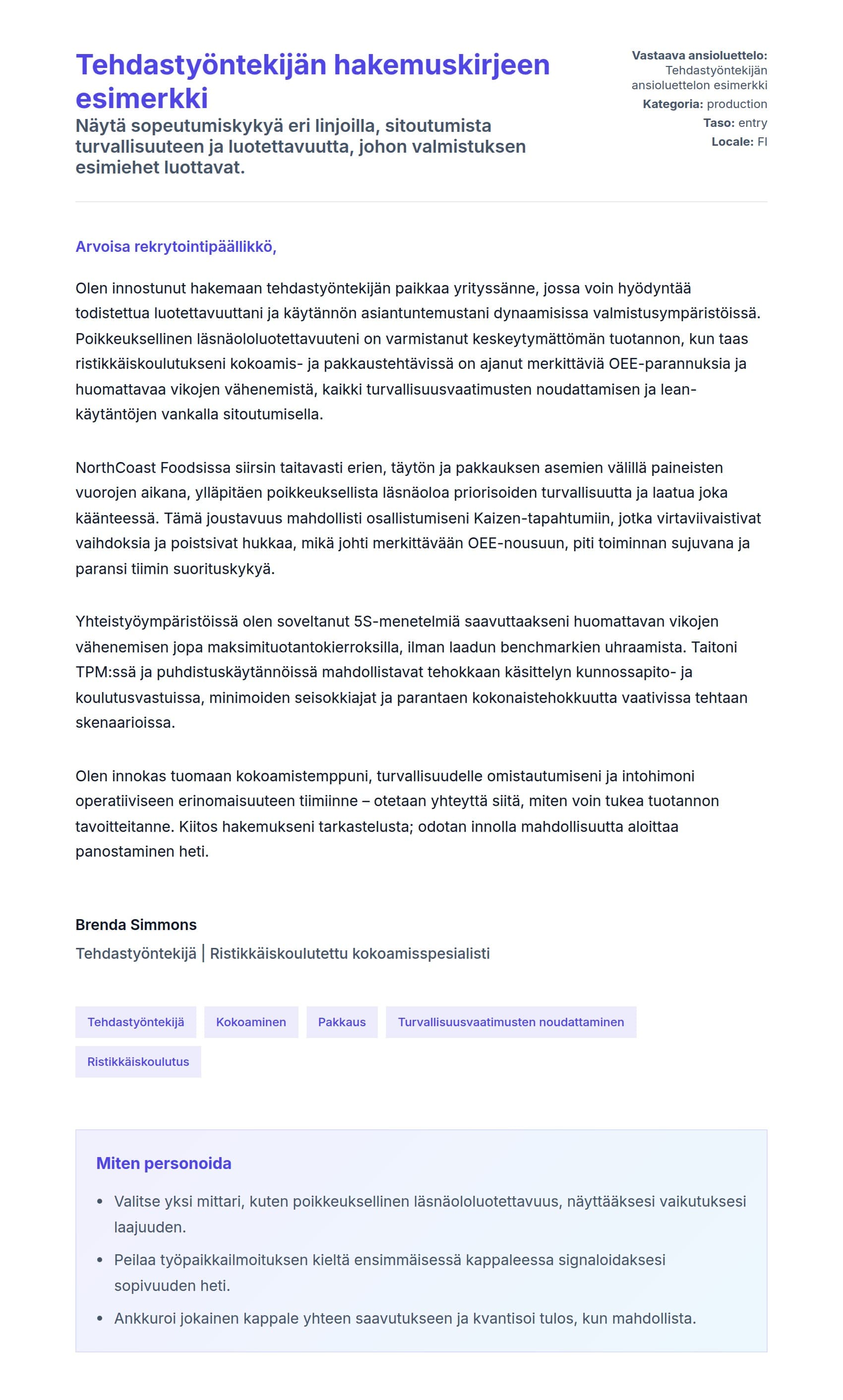 Työhakemuskirjeen esikatselu kohteelle Tehdastyöntekijän hakemuskirjeen esimerkki