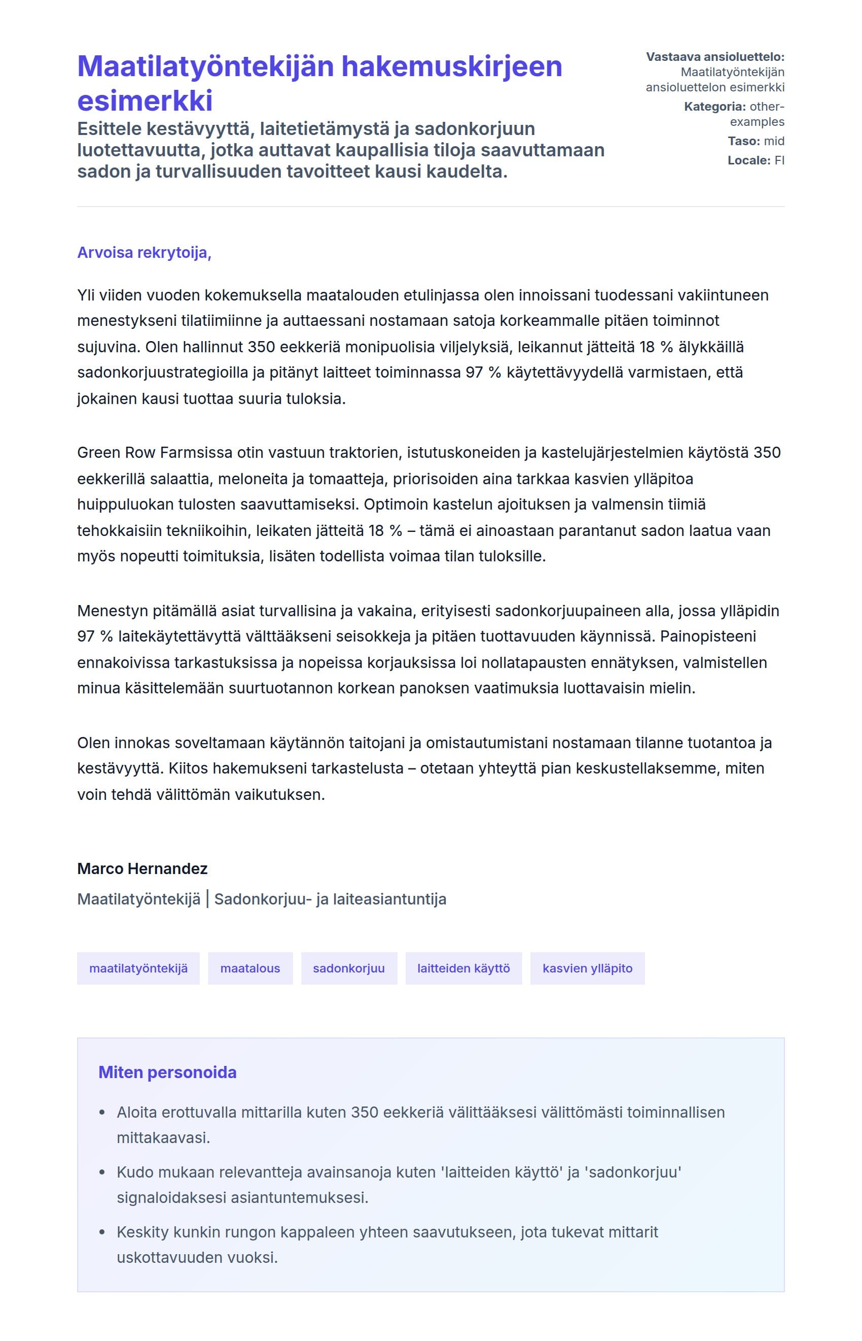 Työhakemuskirjeen esikatselu kohteelle Maatilatyöntekijän hakemuskirjeen esimerkki