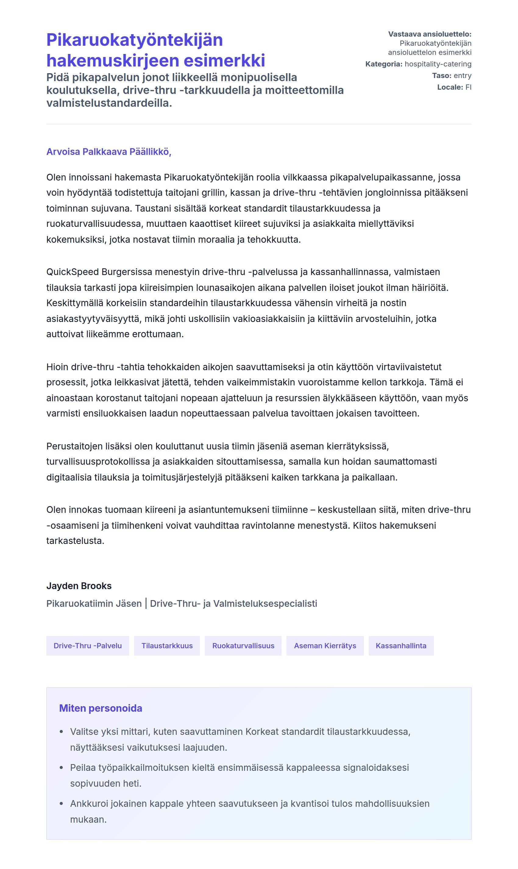 Työhakemuskirjeen esikatselu kohteelle Pikaruokatyöntekijän hakemuskirjeen esimerkki