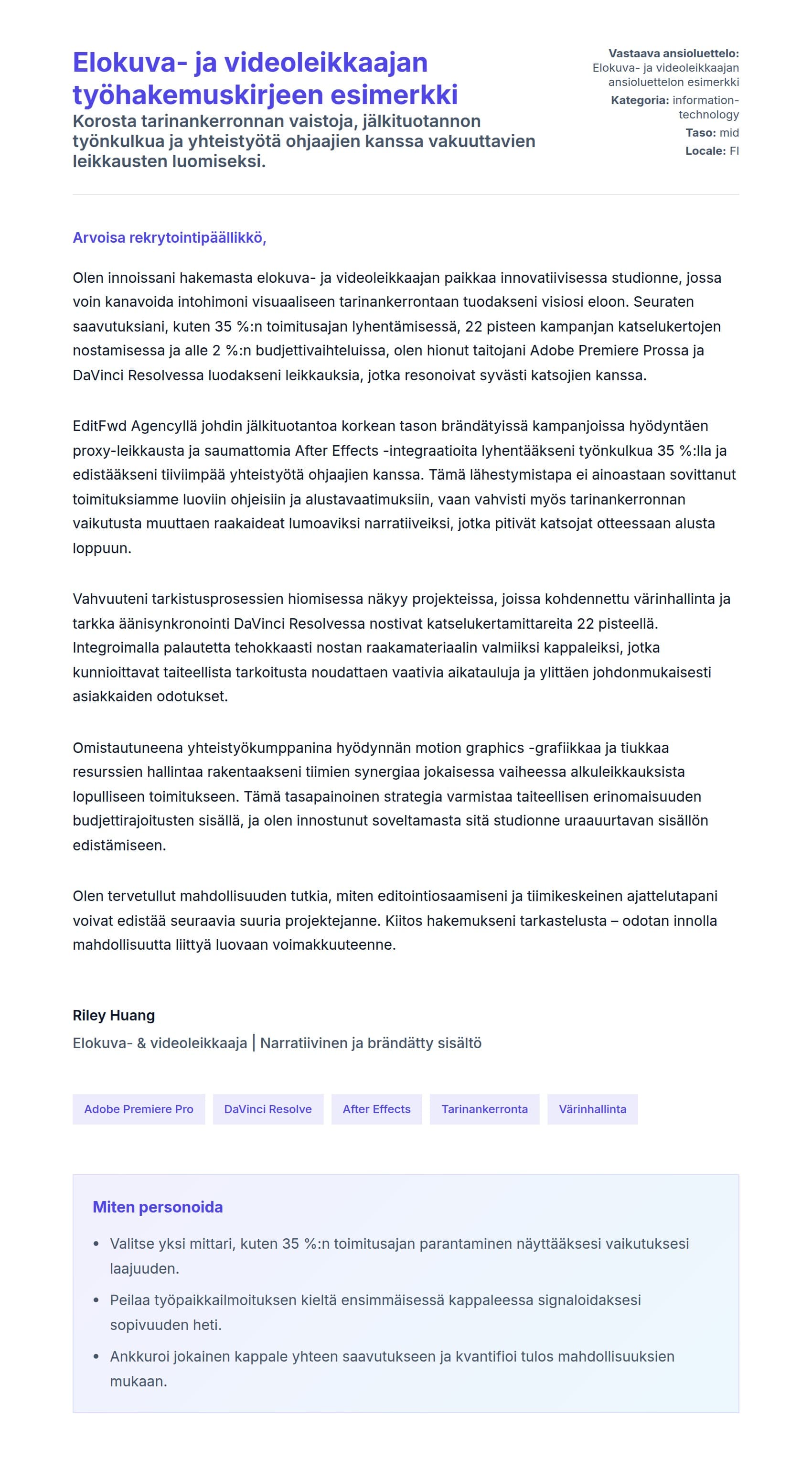 Työhakemuskirjeen esikatselu kohteelle Elokuva- ja videoleikkaajan työhakemuskirjeen esimerkki