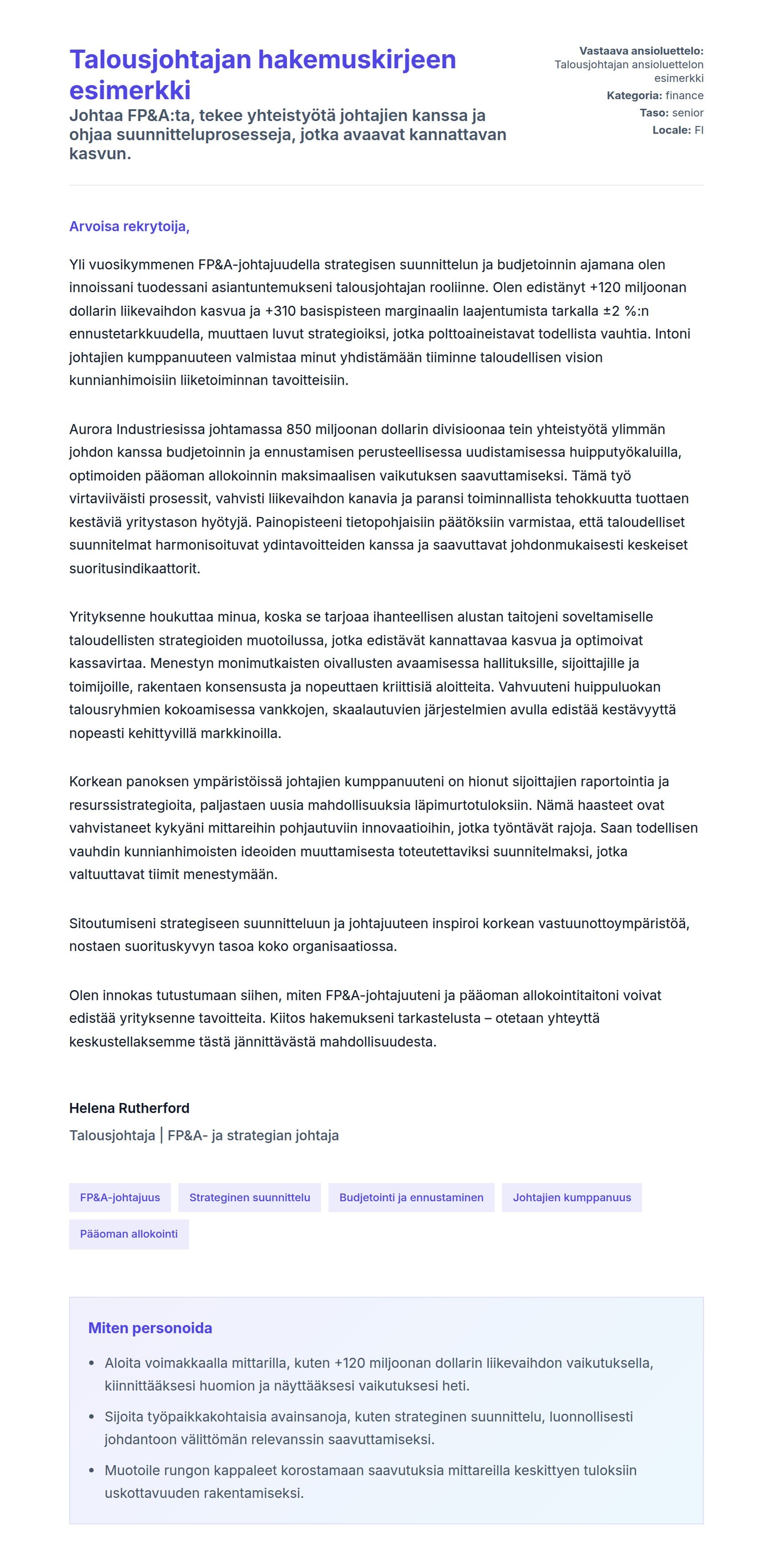 Työhakemuskirjeen esikatselu kohteelle Talousjohtajan hakemuskirjeen esimerkki