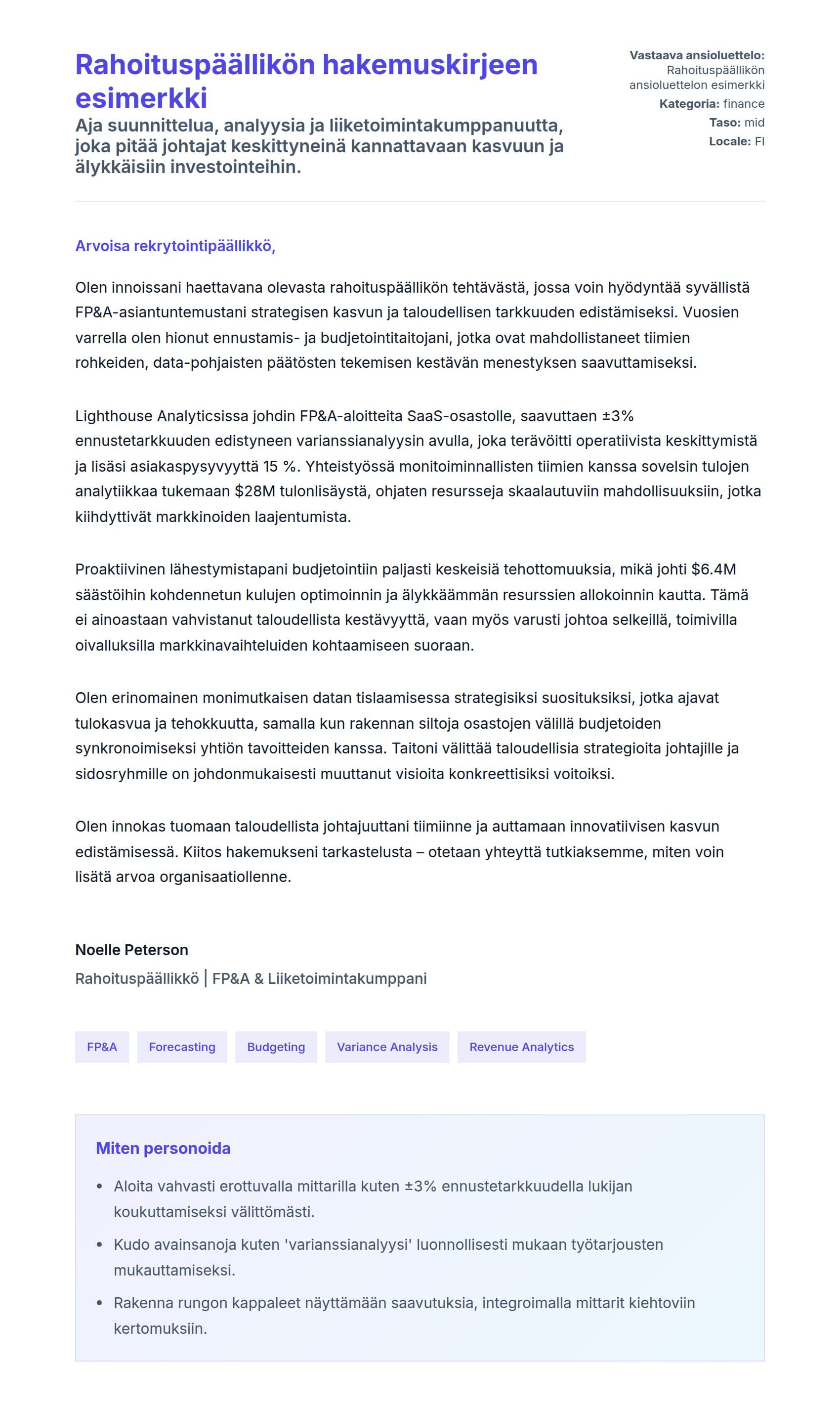 Työhakemuskirjeen esikatselu kohteelle Rahoituspäällikön hakemuskirjeen esimerkki