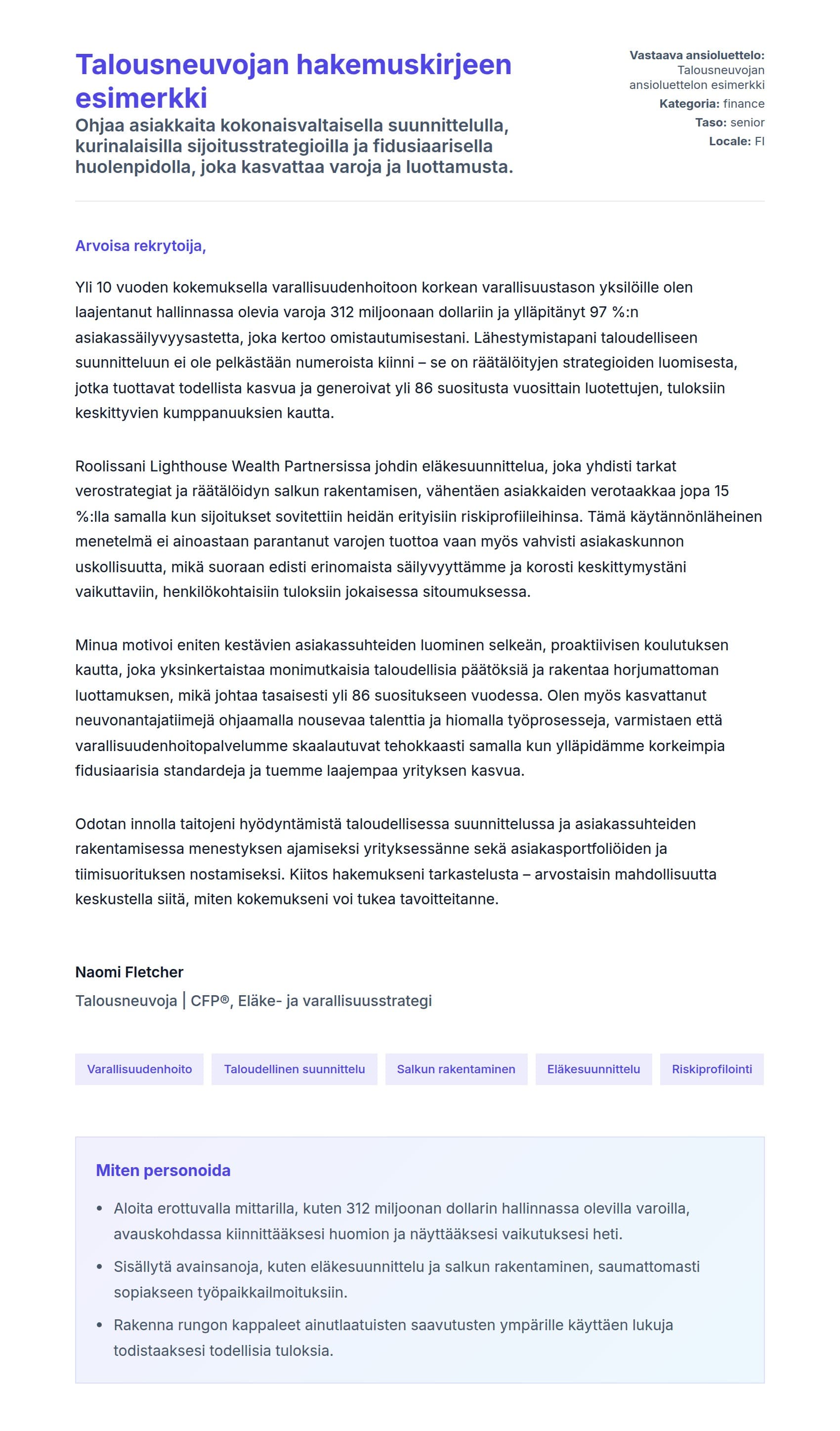 Työhakemuskirjeen esikatselu kohteelle Talousneuvojan hakemuskirjeen esimerkki