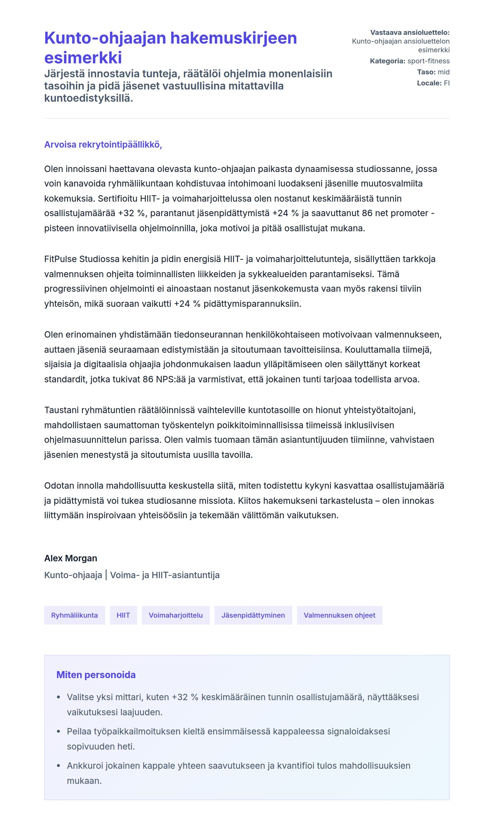 Työhakemuskirjeen esikatselu kohteelle Kunto-ohjaajan hakemuskirjeen esimerkki