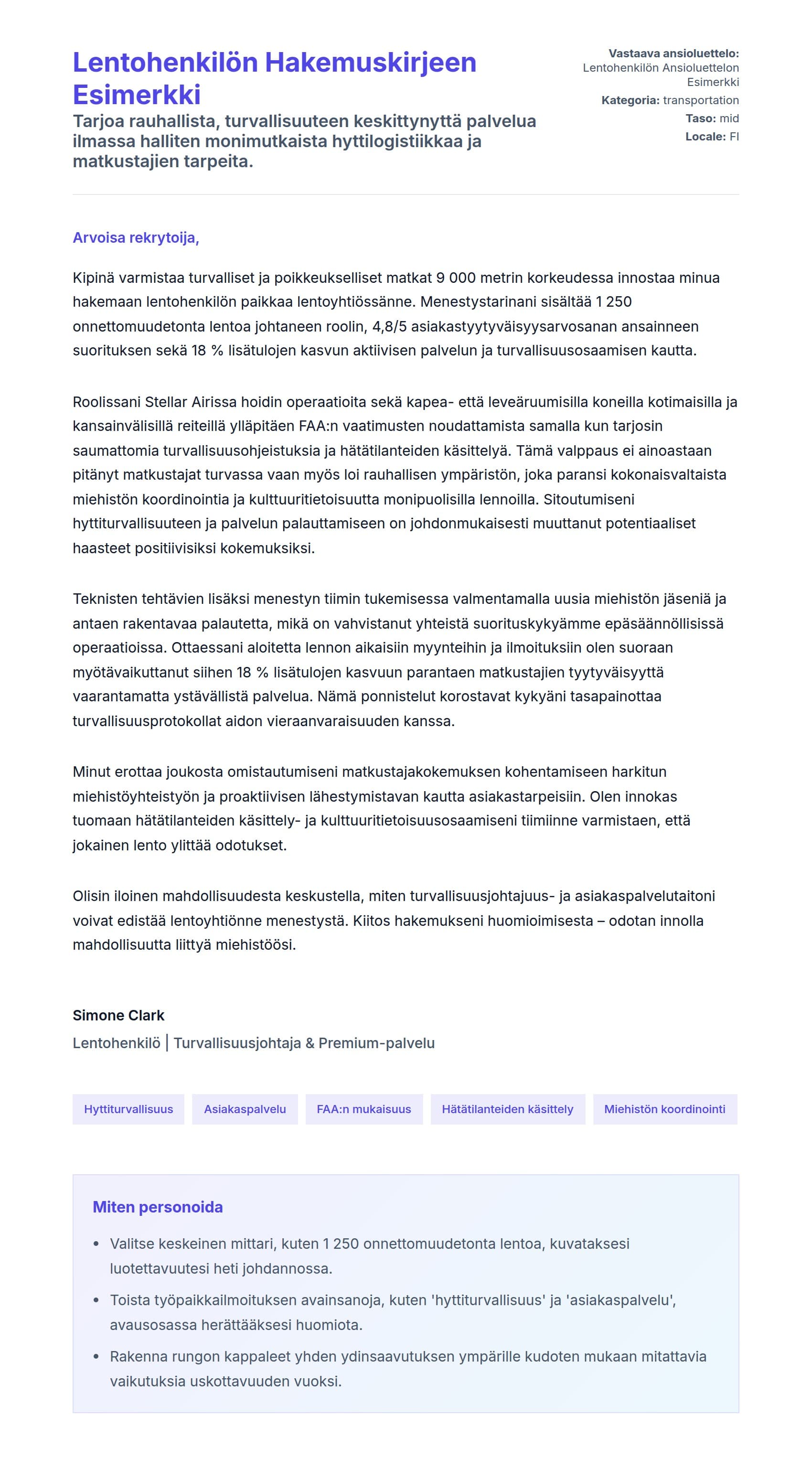 Työhakemuskirjeen esikatselu kohteelle Lentohenkilön Hakemuskirjeen Esimerkki