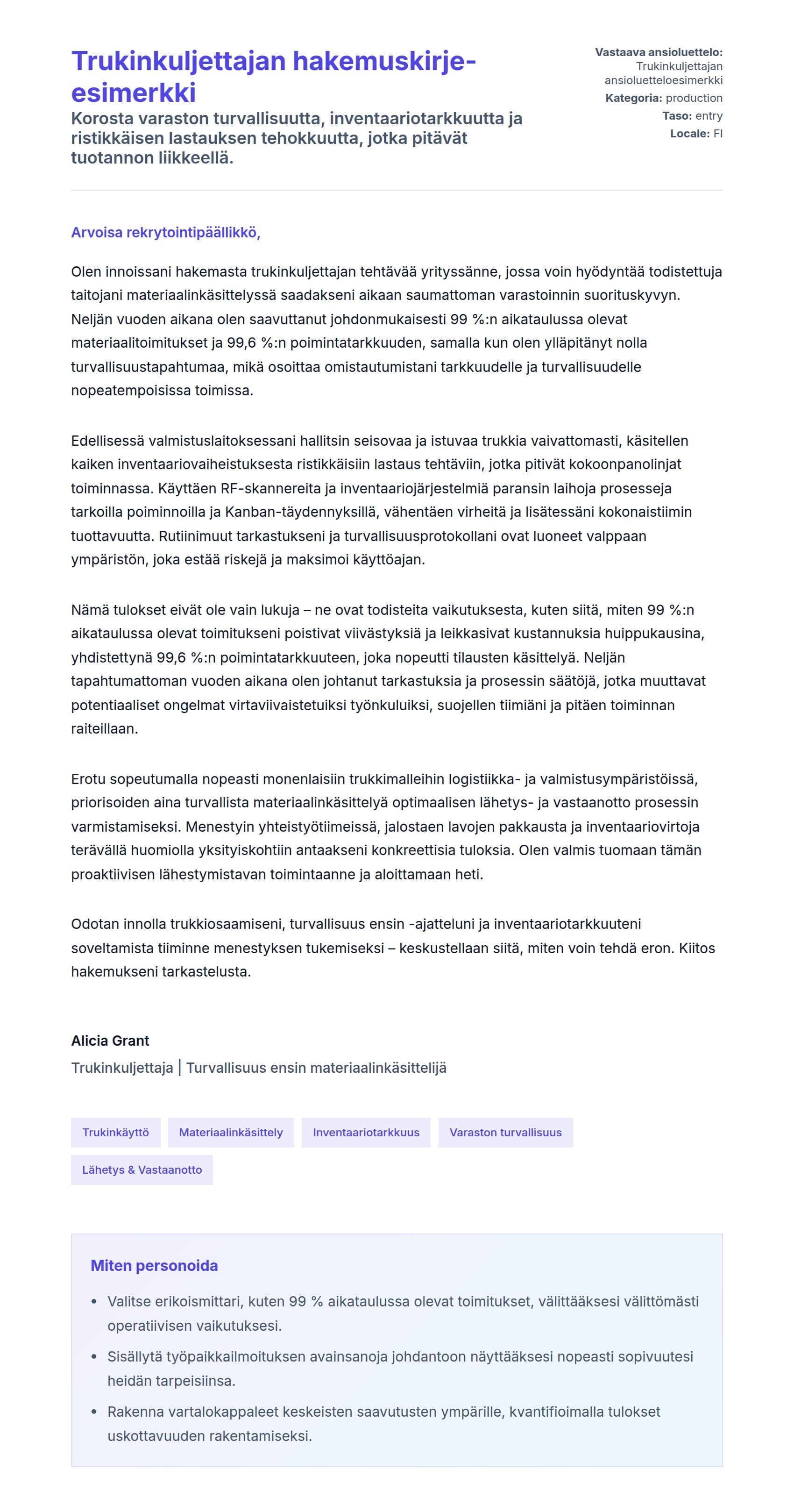 Työhakemuskirjeen esikatselu kohteelle Trukinkuljettajan hakemuskirje-esimerkki