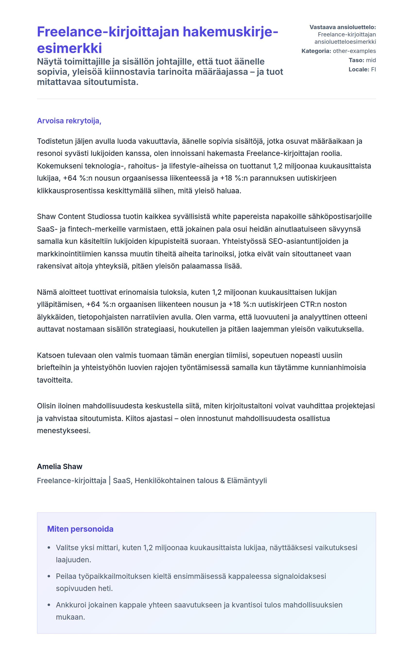 Työhakemuskirjeen esikatselu kohteelle Freelance-kirjoittajan hakemuskirje-esimerkki