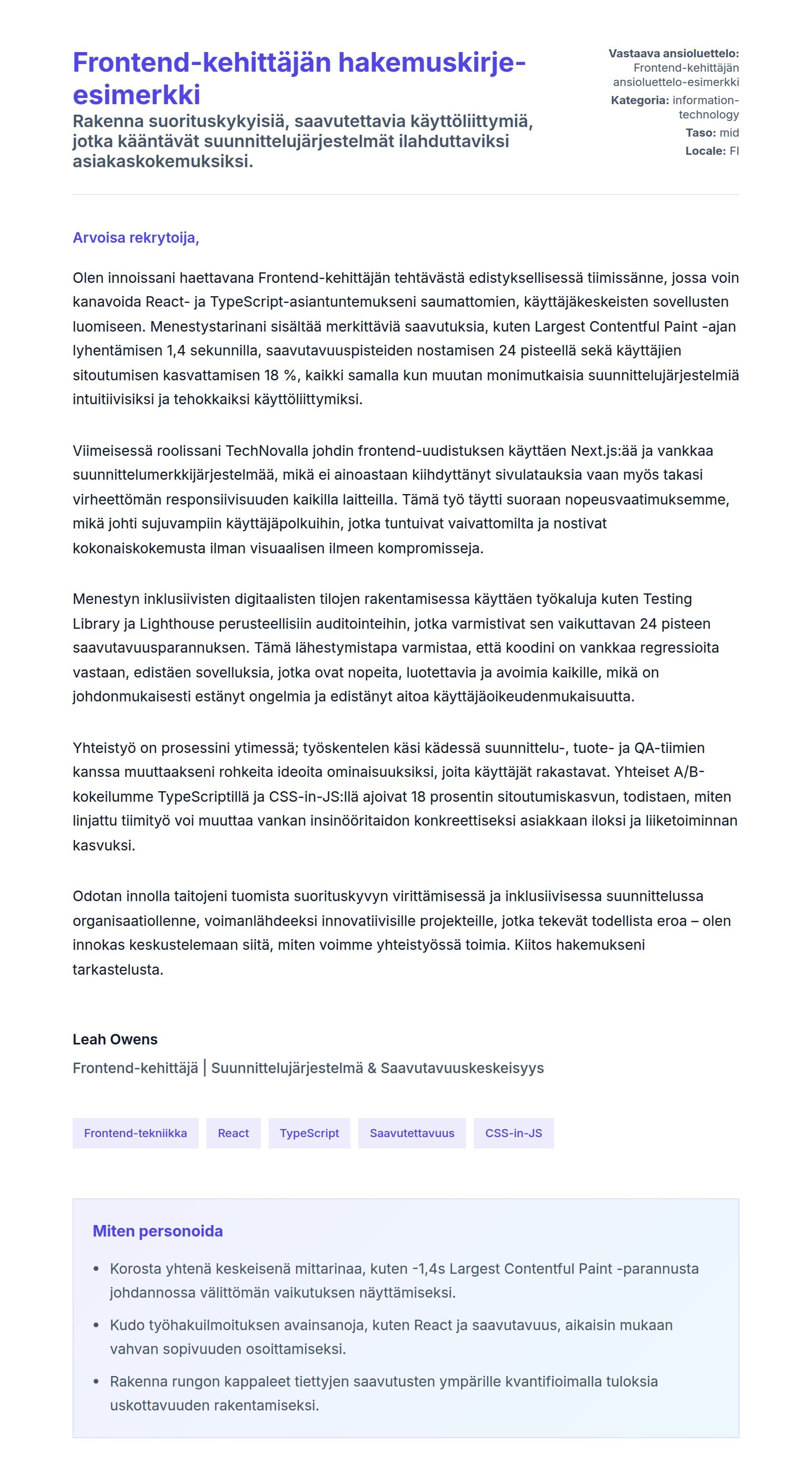 Työhakemuskirjeen esikatselu kohteelle Frontend-kehittäjän hakemuskirje-esimerkki