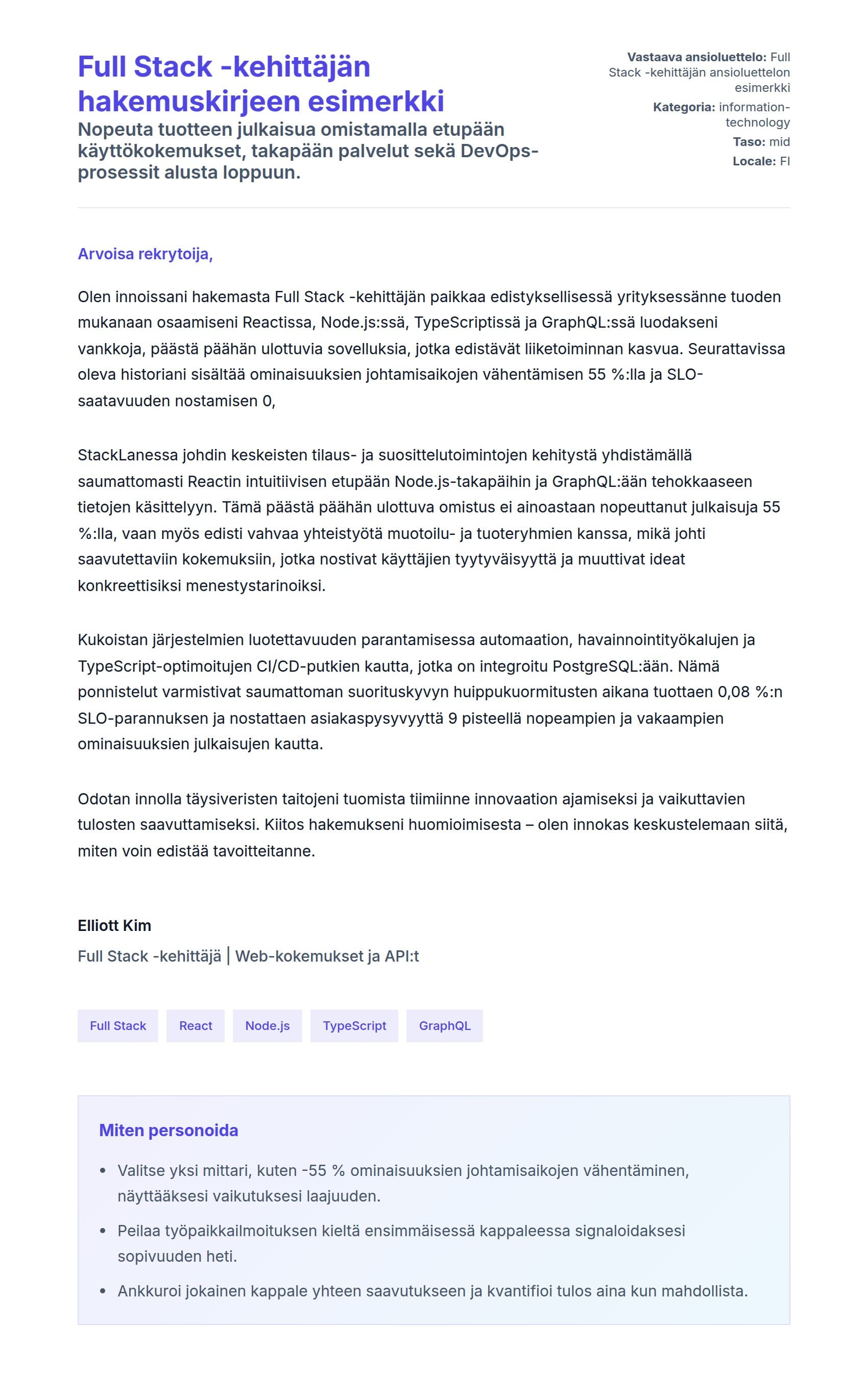 Työhakemuskirjeen esikatselu kohteelle Full Stack -kehittäjän hakemuskirjeen esimerkki