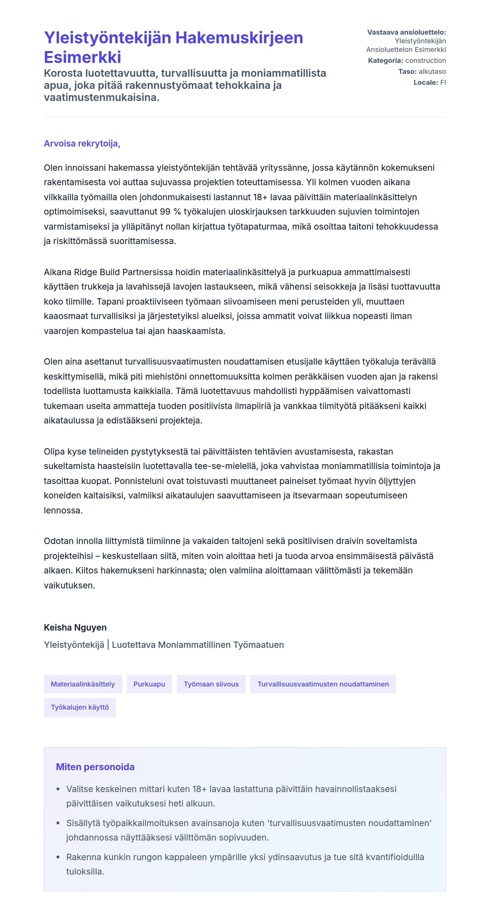 Työhakemuskirjeen esikatselu kohteelle Yleistyöntekijän Hakemuskirjeen Esimerkki