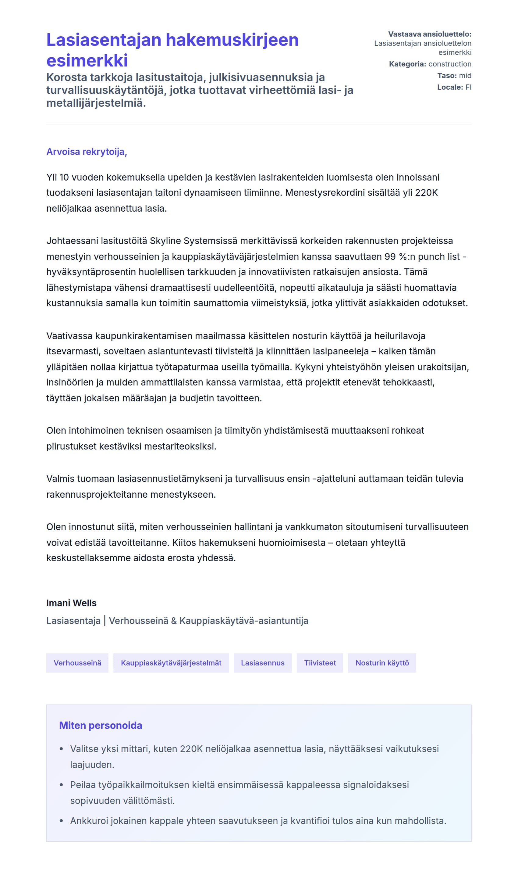 Työhakemuskirjeen esikatselu kohteelle Lasiasentajan hakemuskirjeen esimerkki