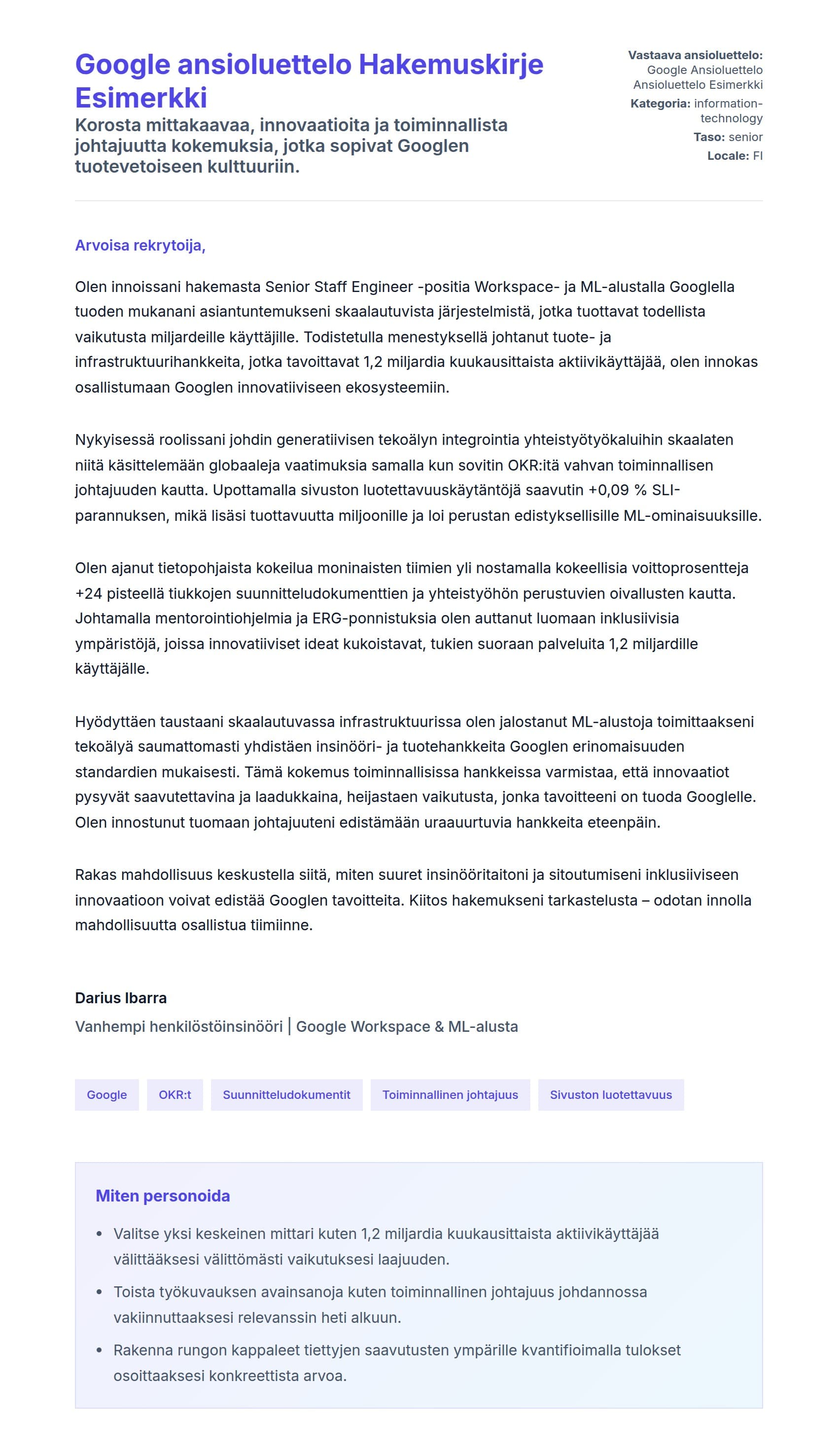 Työhakemuskirjeen esikatselu kohteelle Google ansioluettelo Hakemuskirje Esimerkki