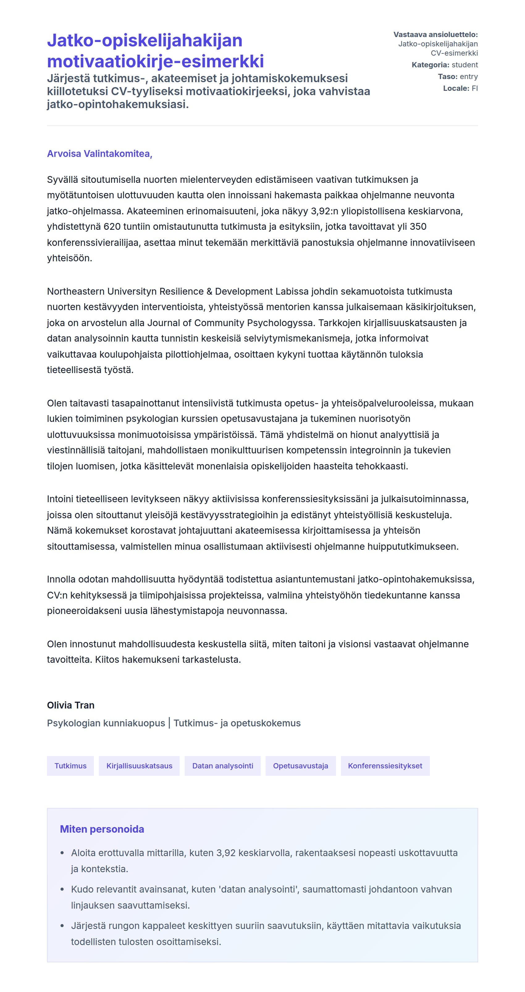 Työhakemuskirjeen esikatselu kohteelle Jatko-opiskelijahakijan motivaatiokirje-esimerkki