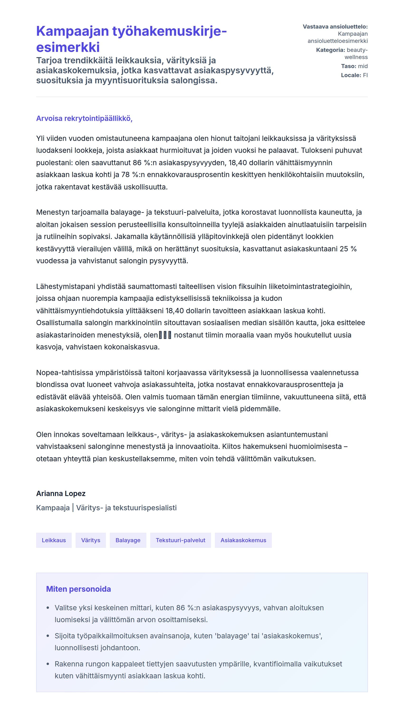 Työhakemuskirjeen esikatselu kohteelle Kampaajan työhakemuskirje-esimerkki