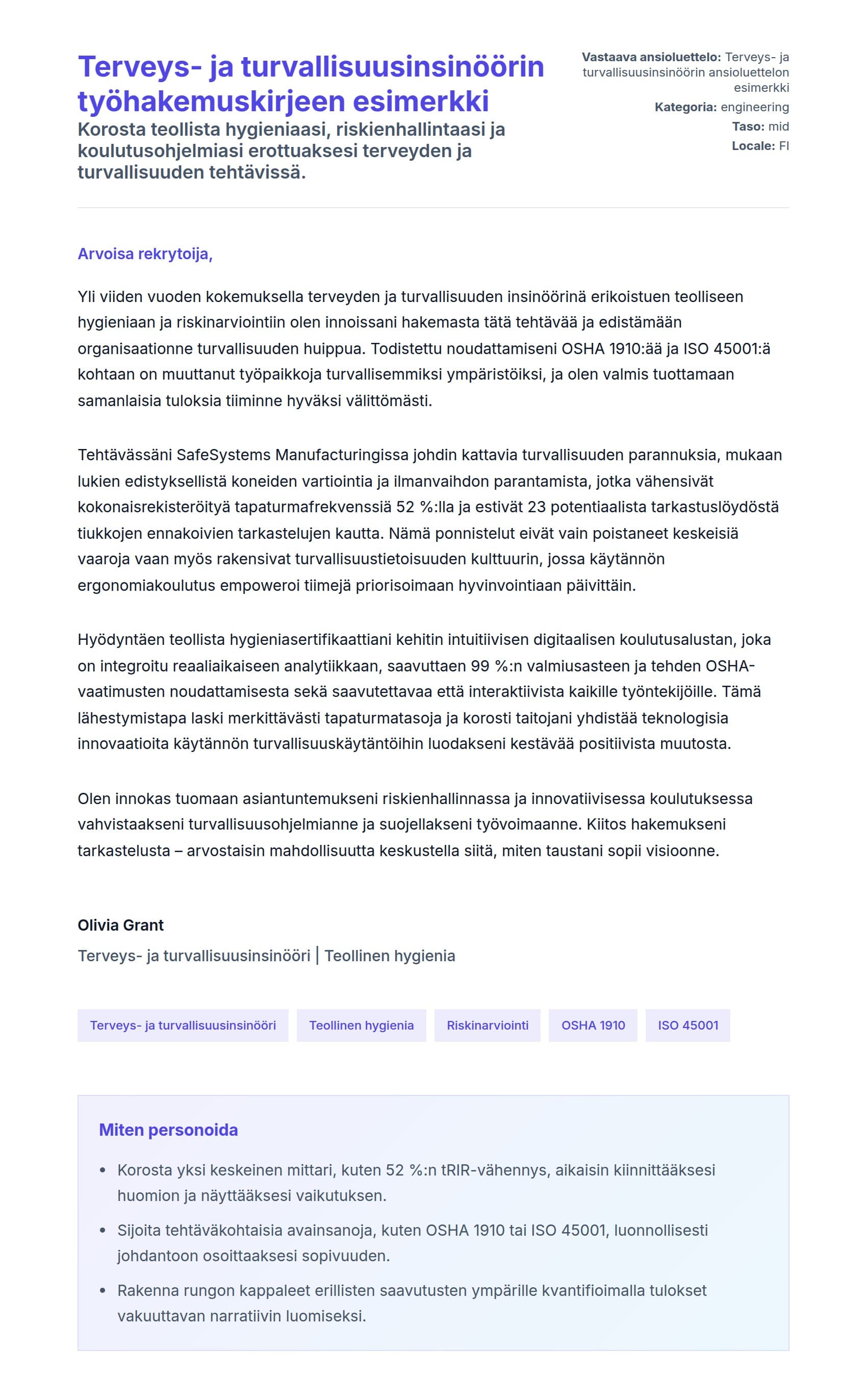 Työhakemuskirjeen esikatselu kohteelle Terveys- ja turvallisuusinsinöörin työhakemuskirjeen esimerkki