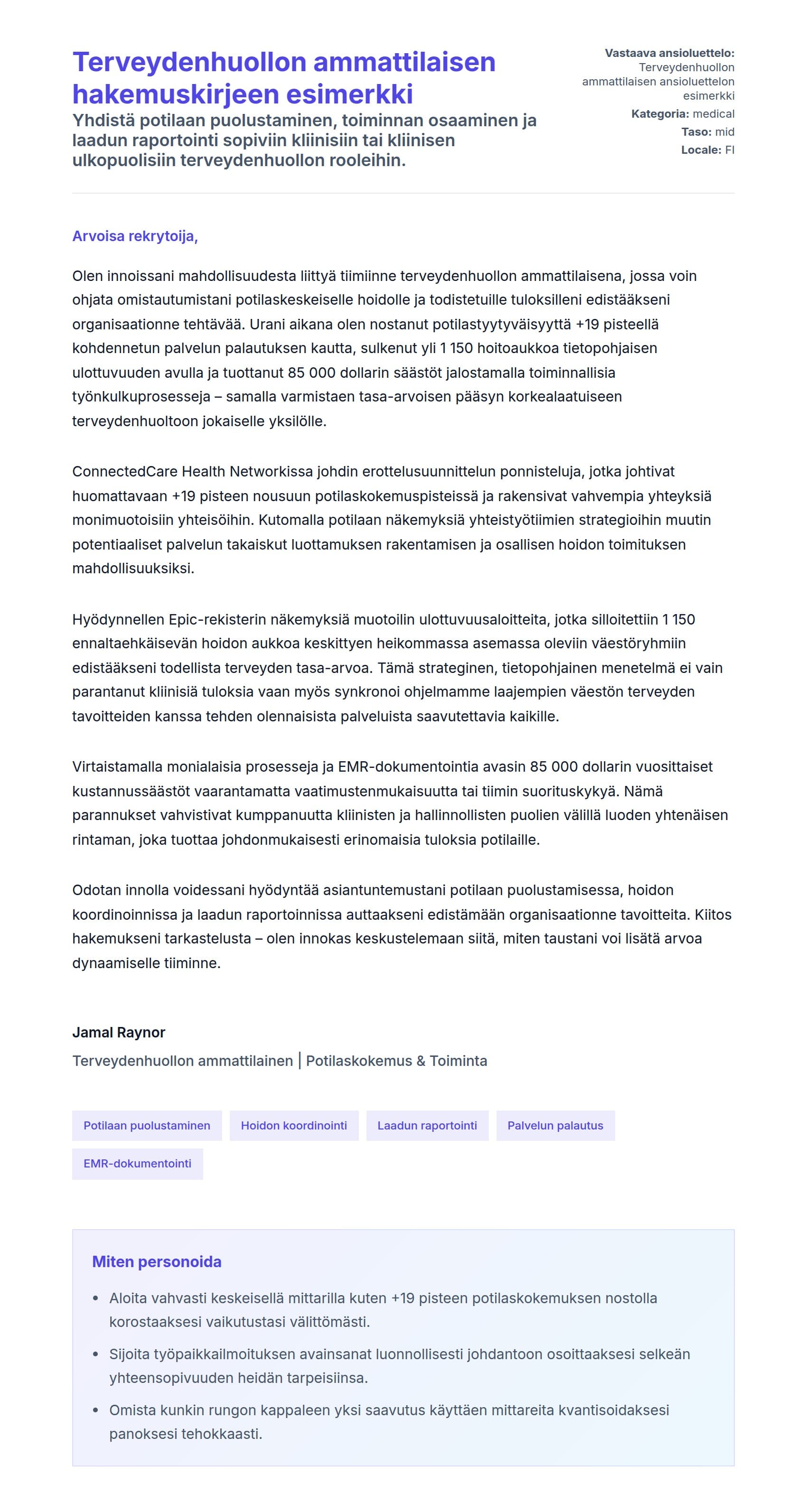 Työhakemuskirjeen esikatselu kohteelle Terveydenhuollon ammattilaisen hakemuskirjeen esimerkki
