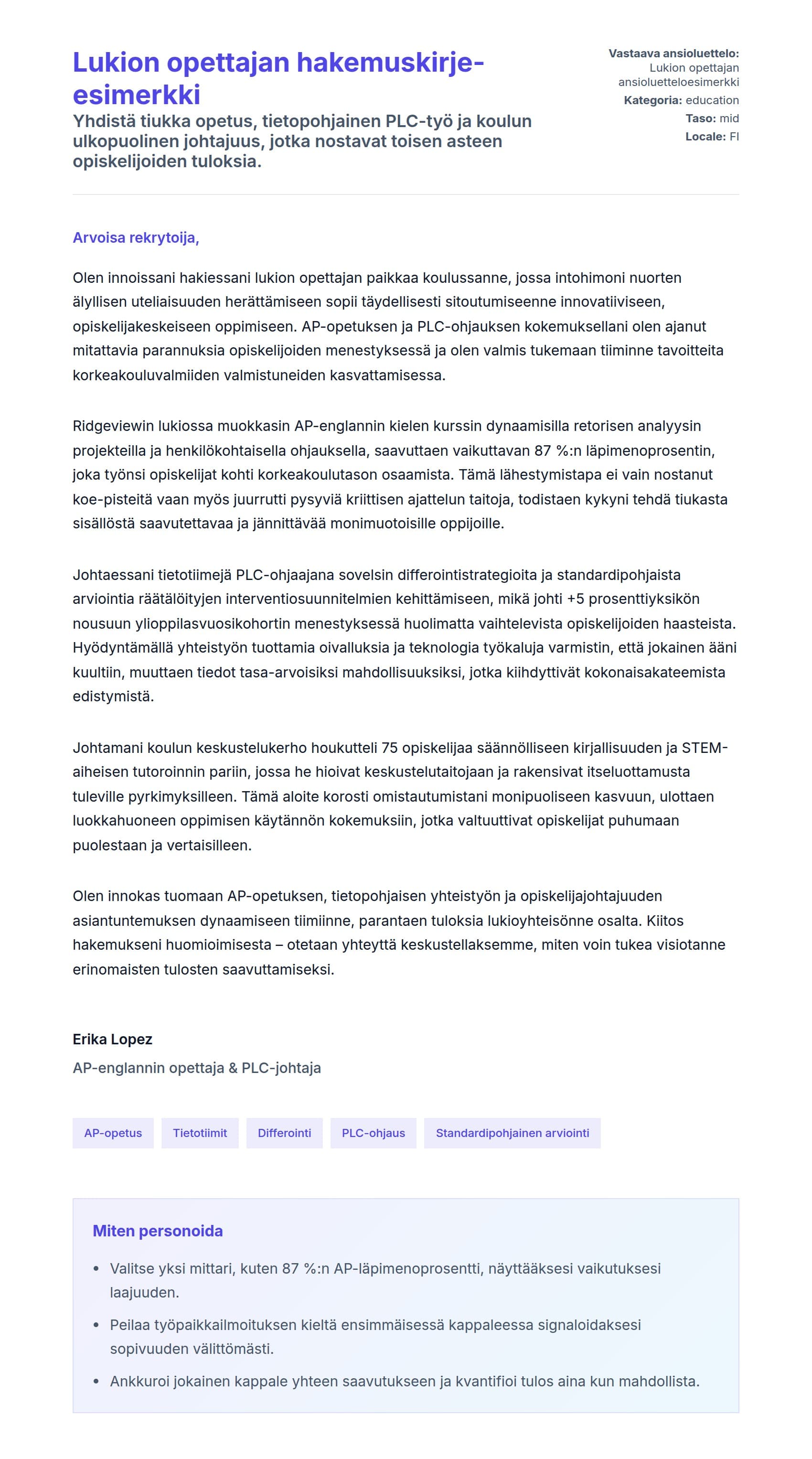 Työhakemuskirjeen esikatselu kohteelle Lukion opettajan hakemuskirje-esimerkki