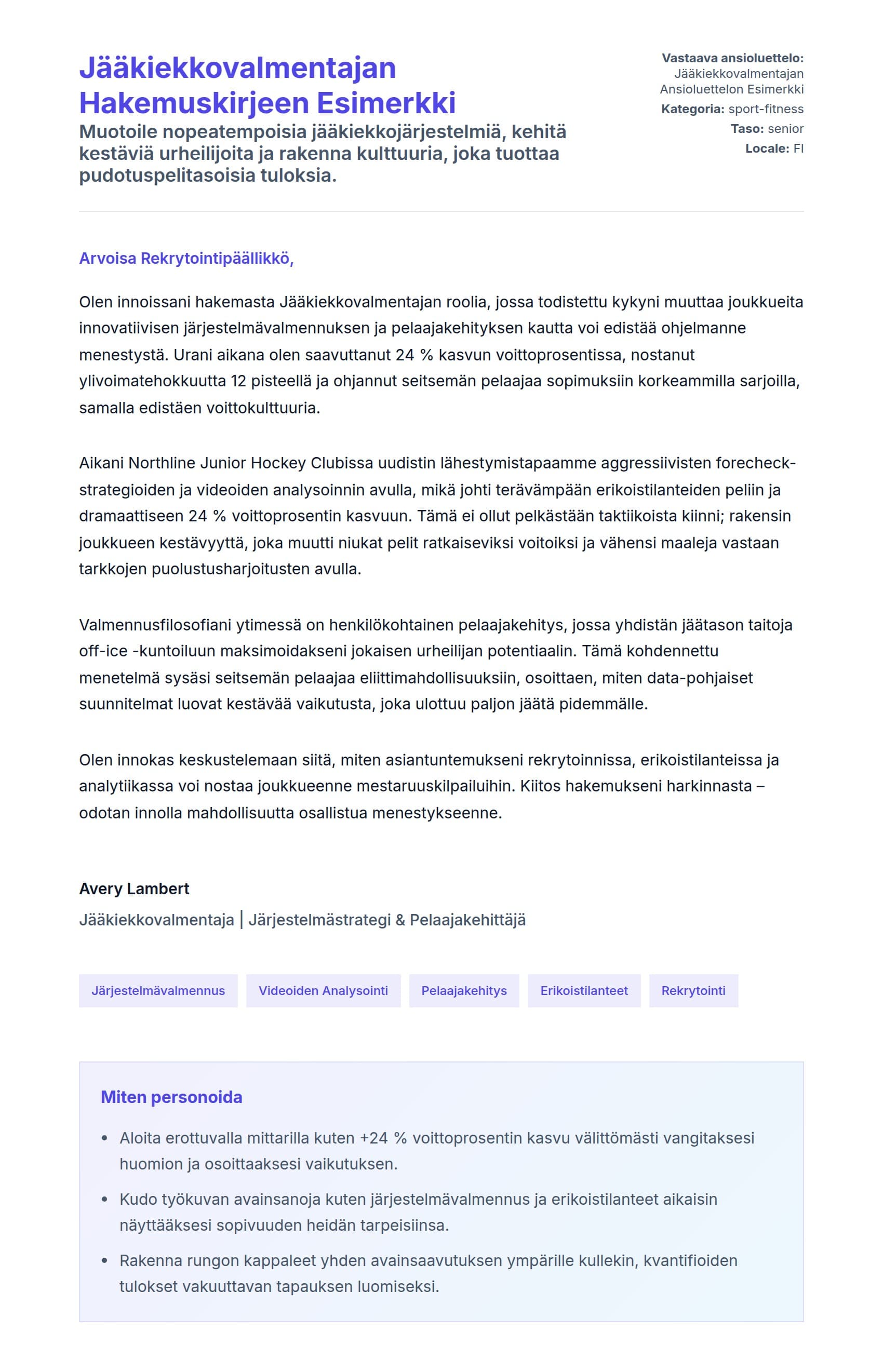 Työhakemuskirjeen esikatselu kohteelle Jääkiekkovalmentajan Hakemuskirjeen Esimerkki