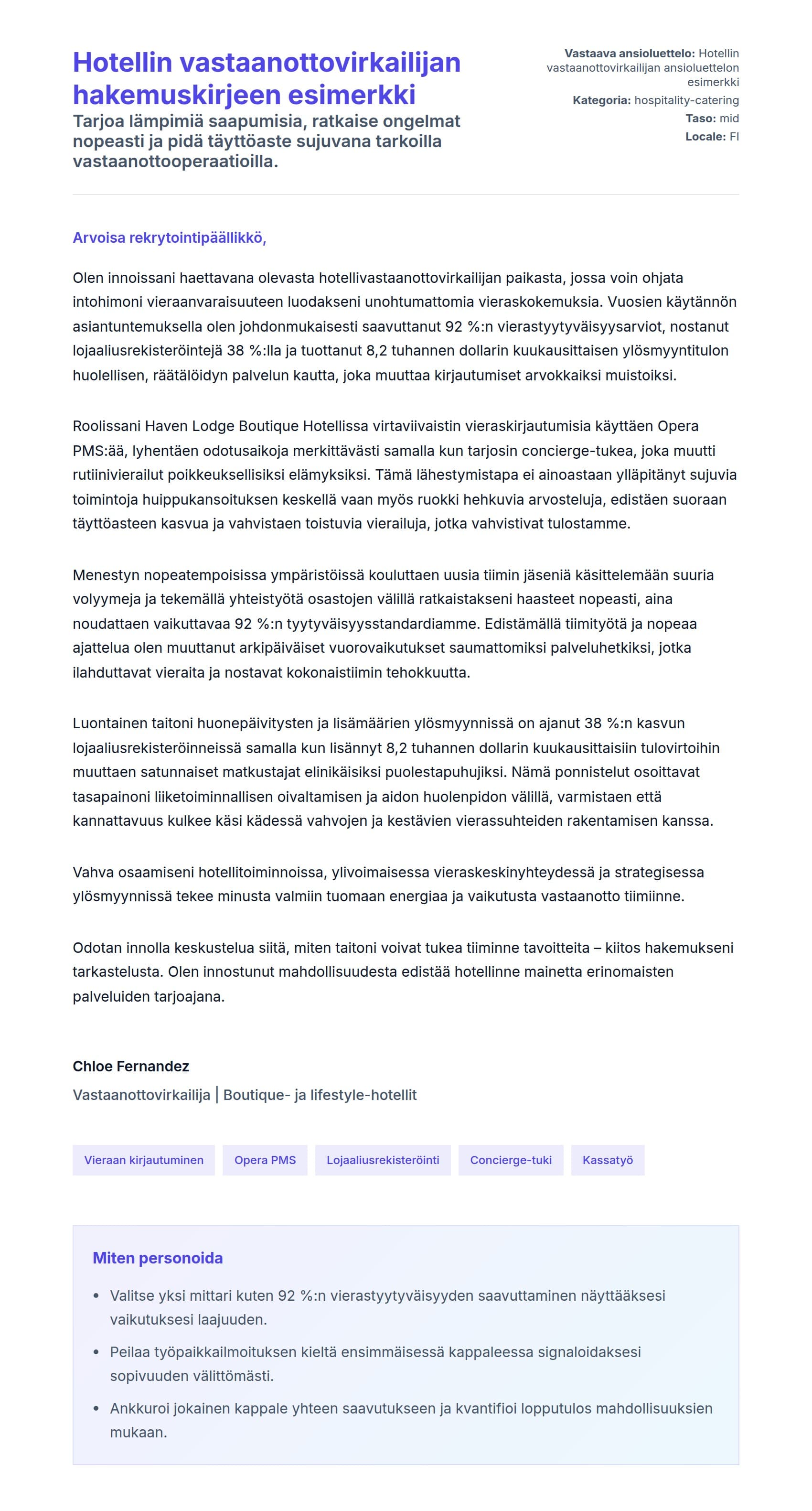 Työhakemuskirjeen esikatselu kohteelle Hotellin vastaanottovirkailijan hakemuskirjeen esimerkki