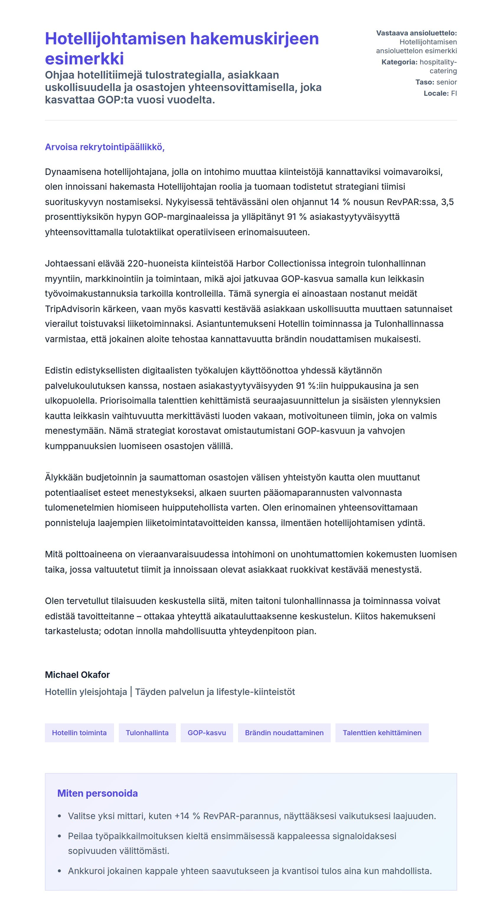 Työhakemuskirjeen esikatselu kohteelle Hotellijohtamisen hakemuskirjeen esimerkki