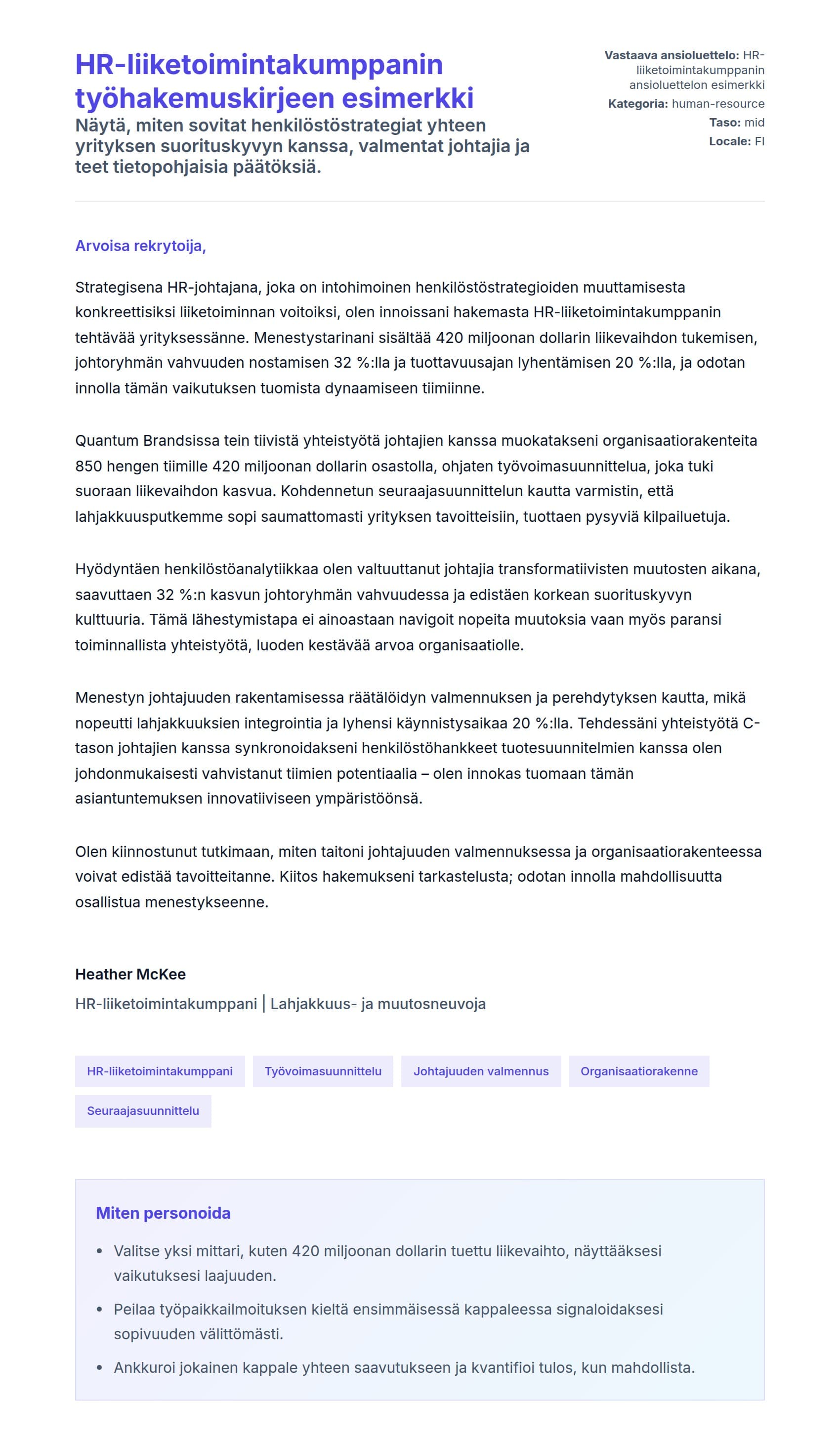 Työhakemuskirjeen esikatselu kohteelle HR-liiketoimintakumppanin työhakemuskirjeen esimerkki