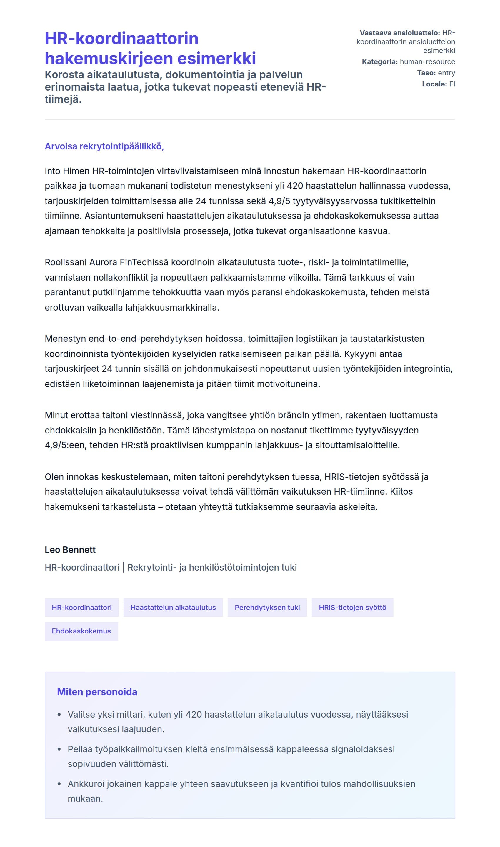 Työhakemuskirjeen esikatselu kohteelle HR-koordinaattorin hakemuskirjeen esimerkki