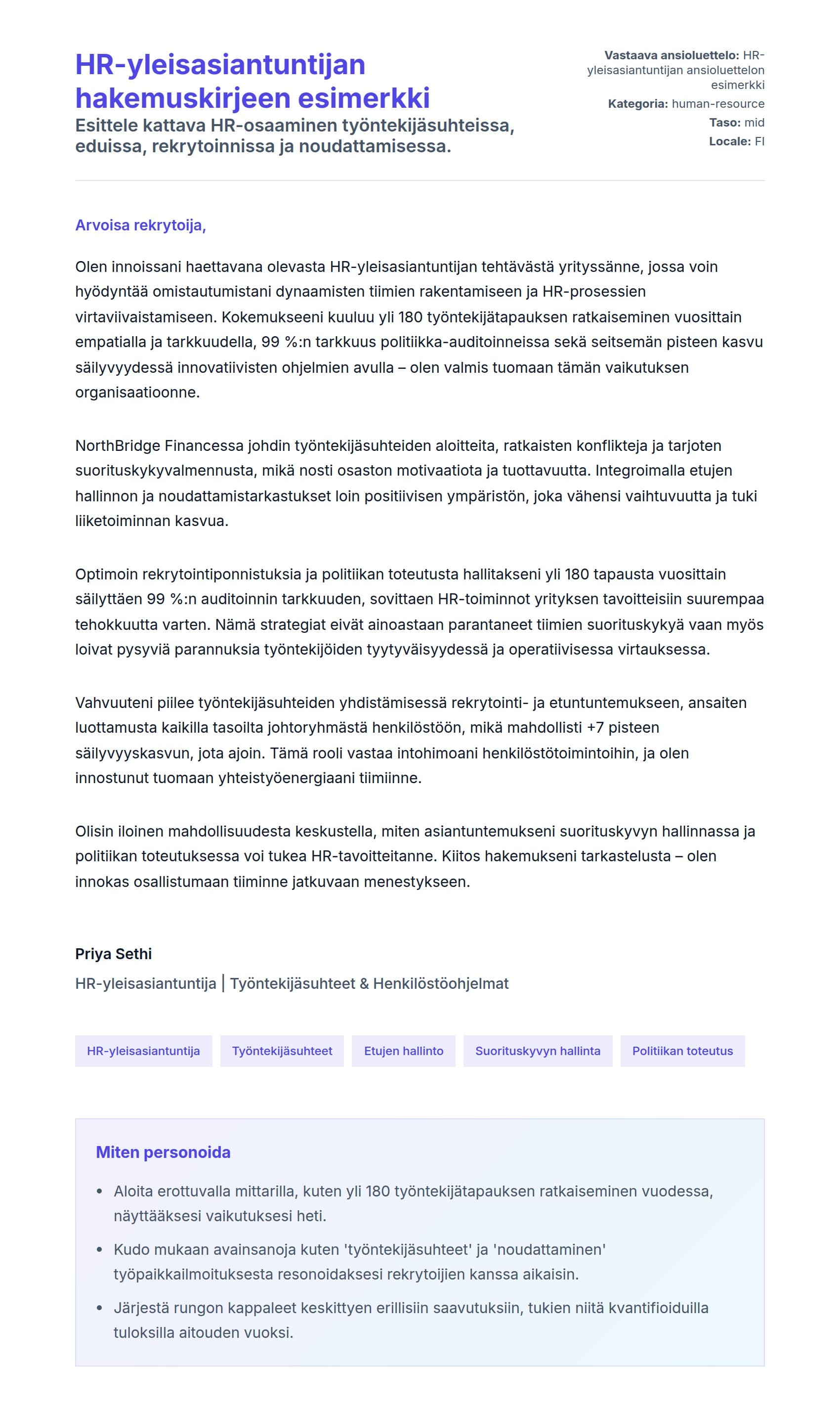 Työhakemuskirjeen esikatselu kohteelle HR-yleisasiantuntijan hakemuskirjeen esimerkki