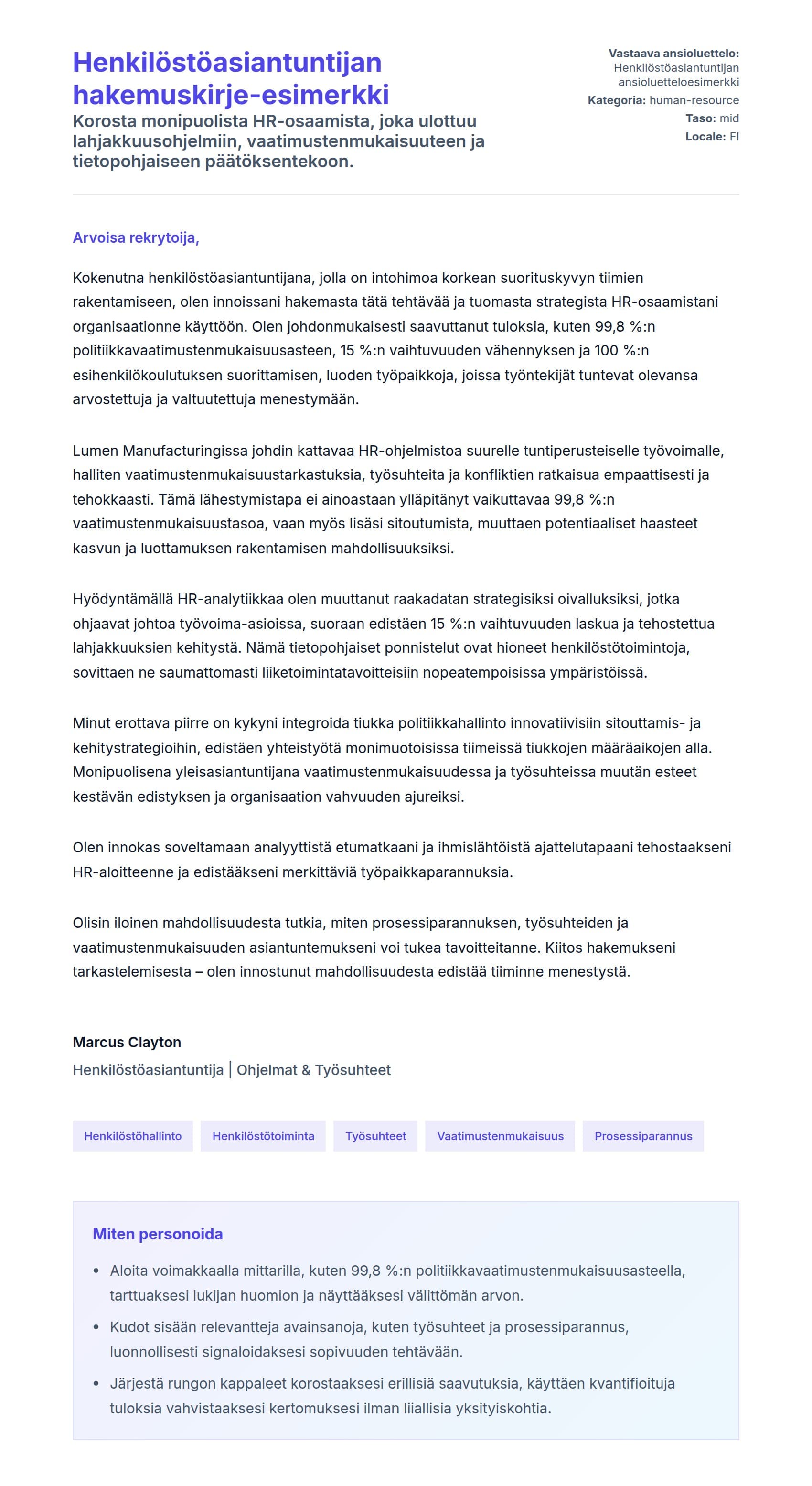 Työhakemuskirjeen esikatselu kohteelle Henkilöstöasiantuntijan hakemuskirje-esimerkki