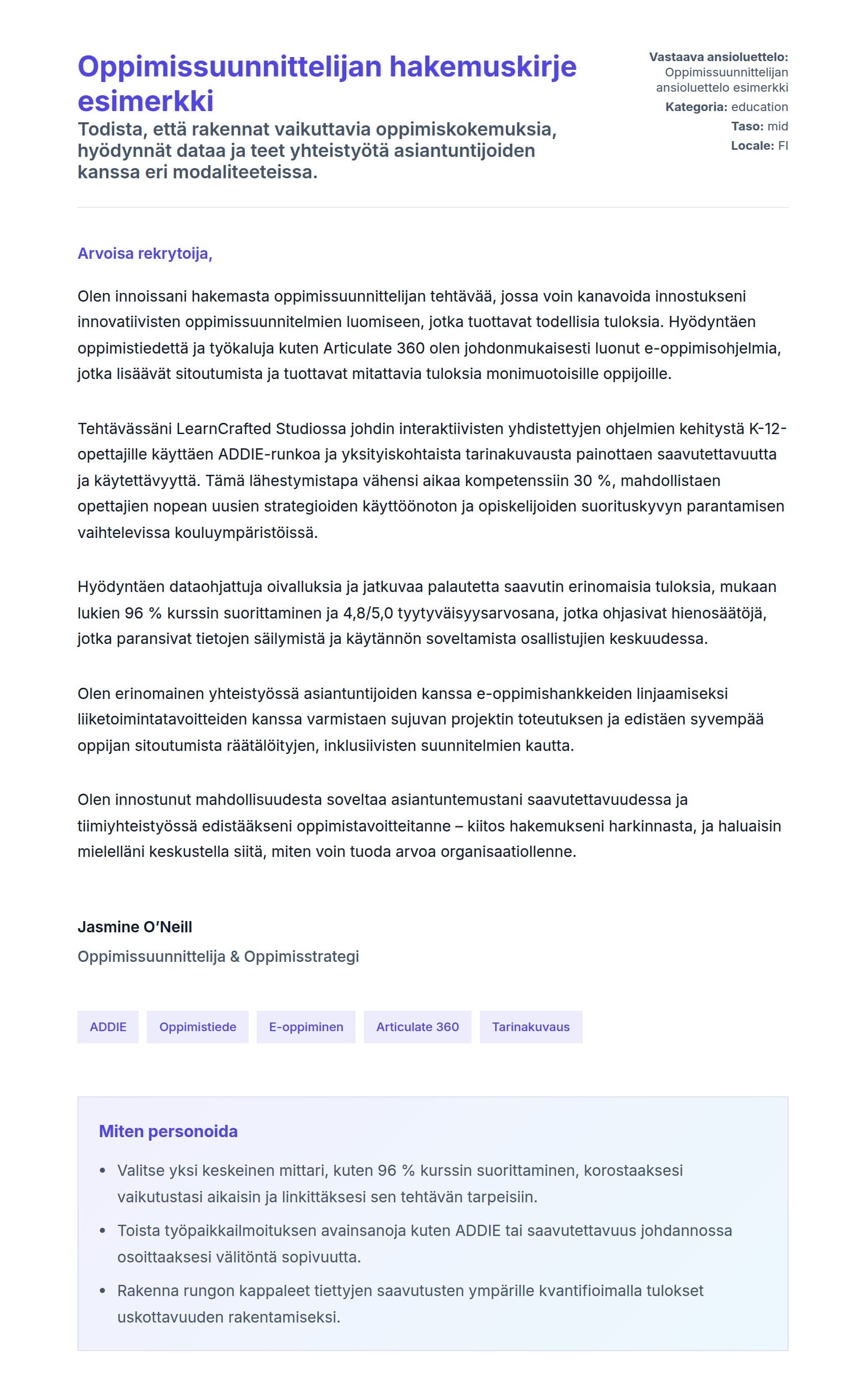 Työhakemuskirjeen esikatselu kohteelle Oppimissuunnittelijan hakemuskirje esimerkki