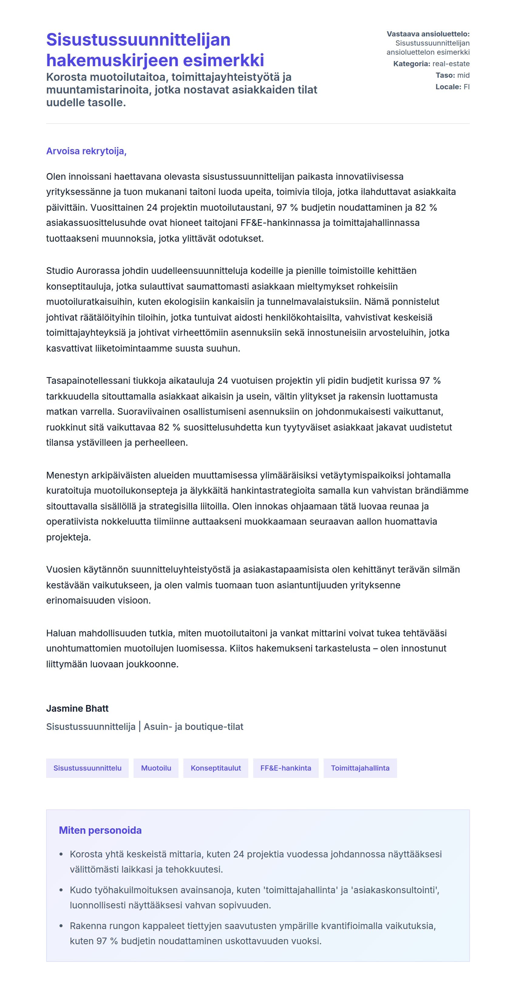 Työhakemuskirjeen esikatselu kohteelle Sisustussuunnittelijan hakemuskirjeen esimerkki