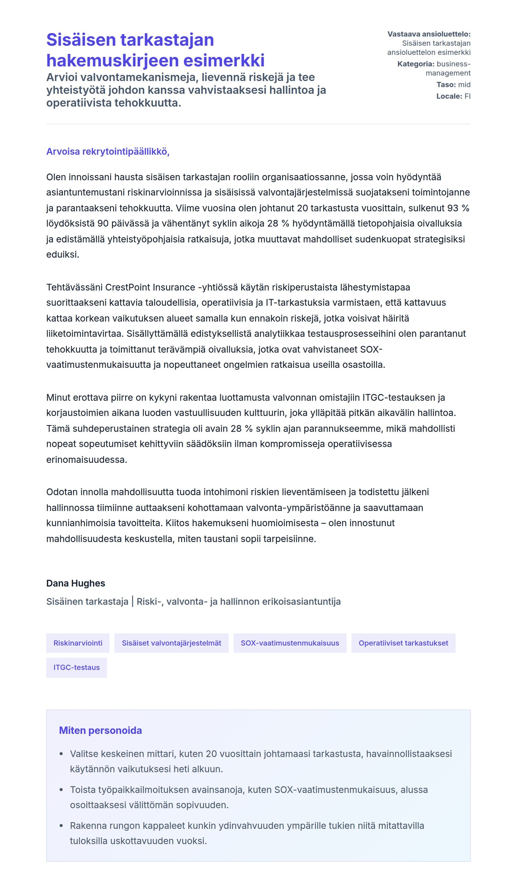 Työhakemuskirjeen esikatselu kohteelle Sisäisen tarkastajan hakemuskirjeen esimerkki