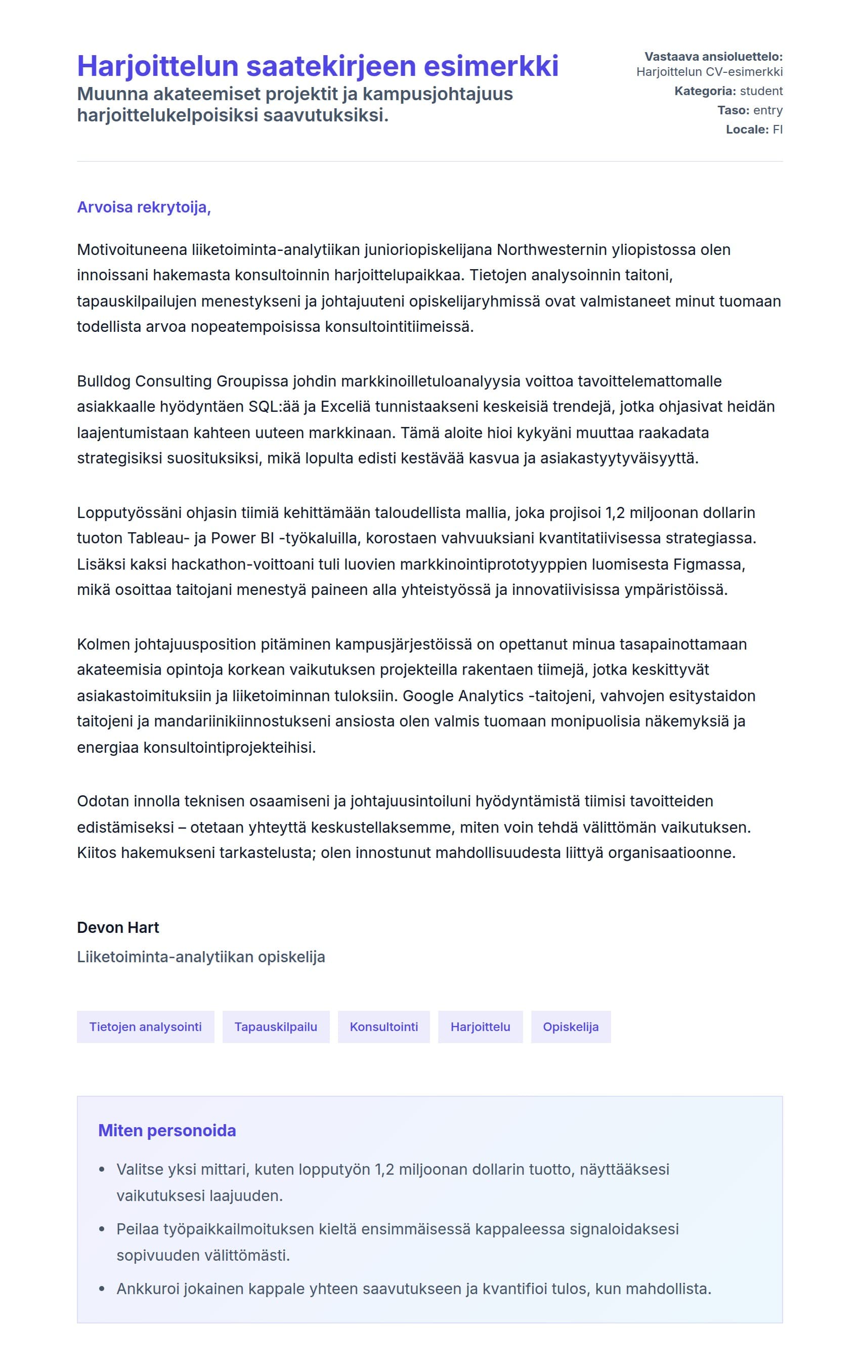 Työhakemuskirjeen esikatselu kohteelle Harjoittelun saatekirjeen esimerkki