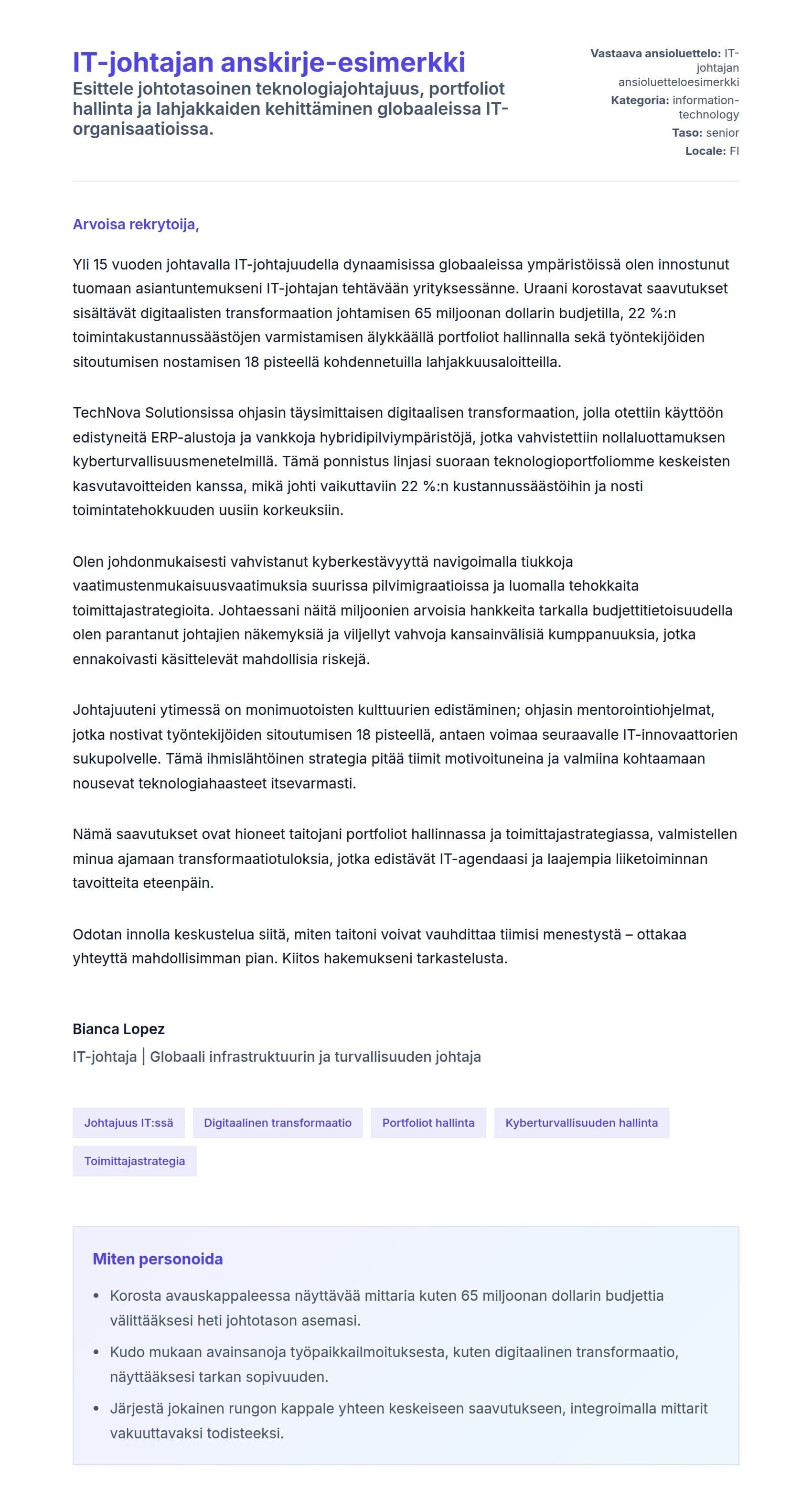 Työhakemuskirjeen esikatselu kohteelle IT-johtajan anskirje-esimerkki