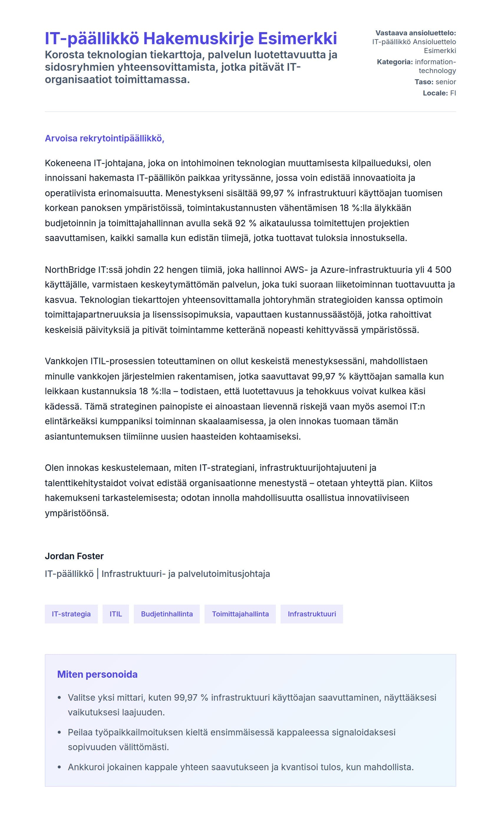 Työhakemuskirjeen esikatselu kohteelle IT-päällikkö Hakemuskirje Esimerkki
