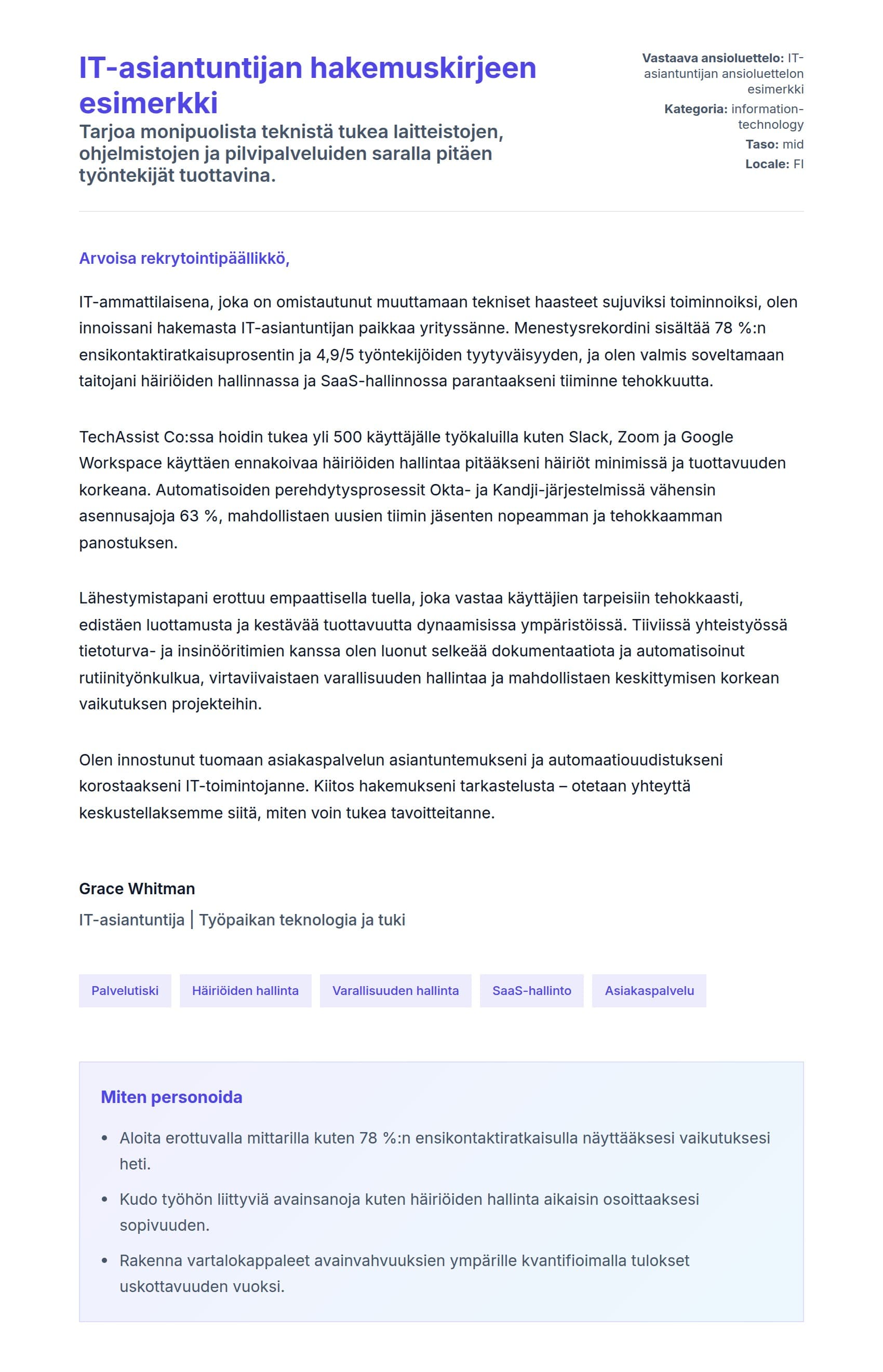 Työhakemuskirjeen esikatselu kohteelle IT-asiantuntijan hakemuskirjeen esimerkki