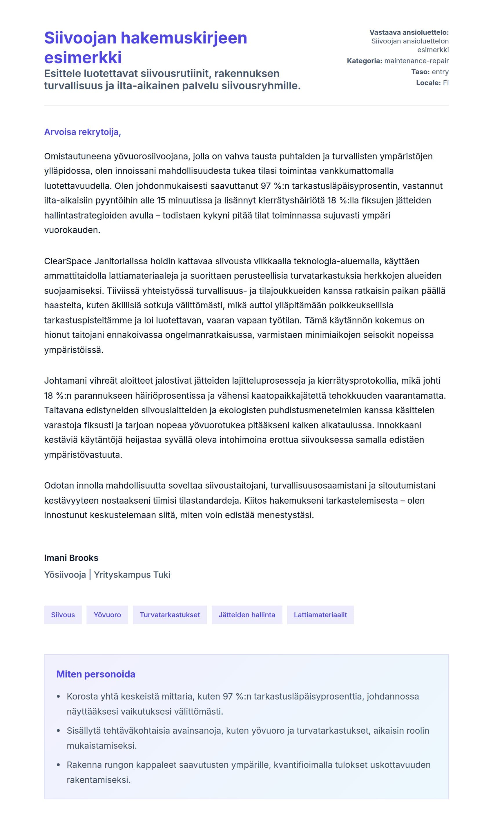 Työhakemuskirjeen esikatselu kohteelle Siivoojan hakemuskirjeen esimerkki