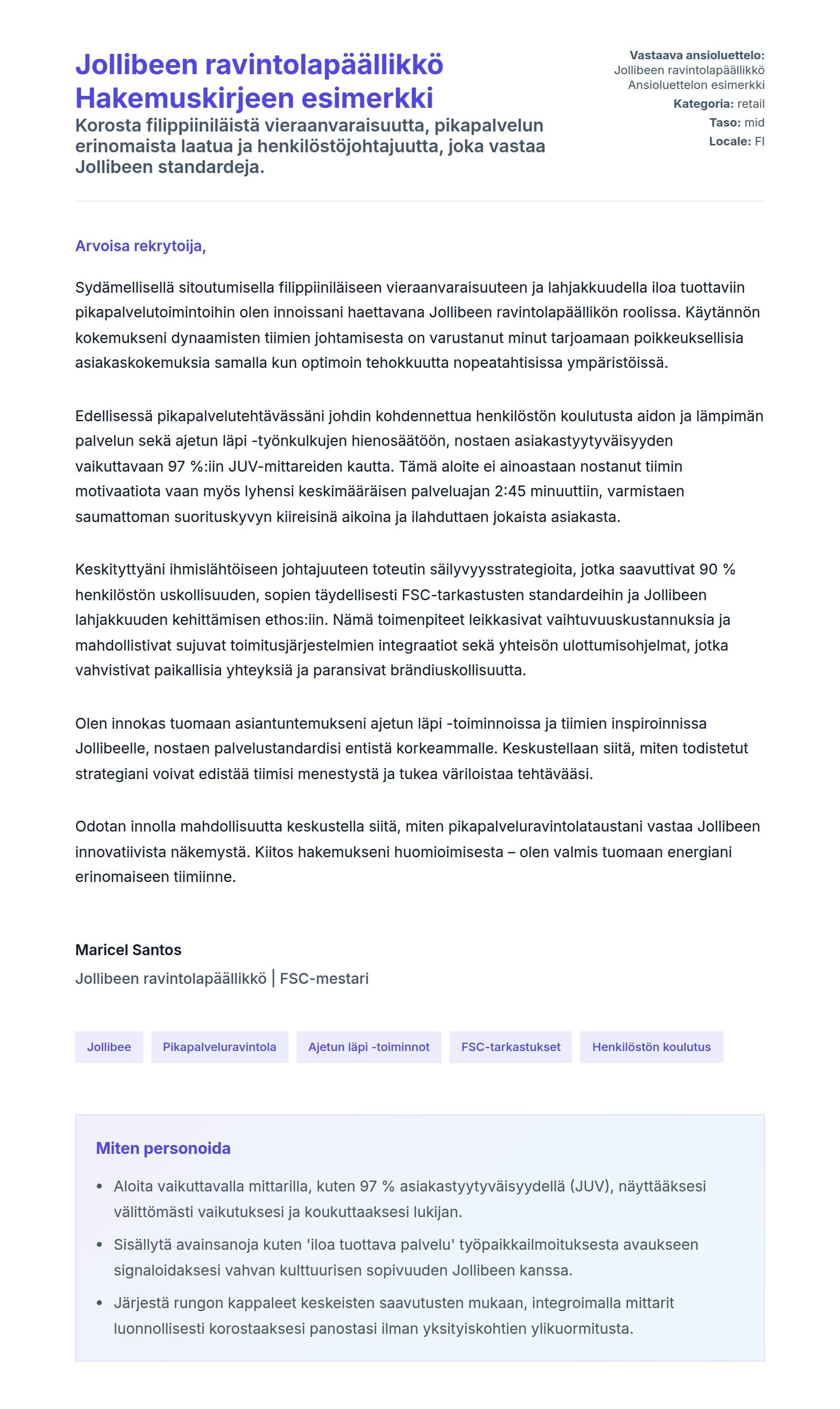 Työhakemuskirjeen esikatselu kohteelle Jollibeen ravintolapäällikkö Hakemuskirjeen esimerkki