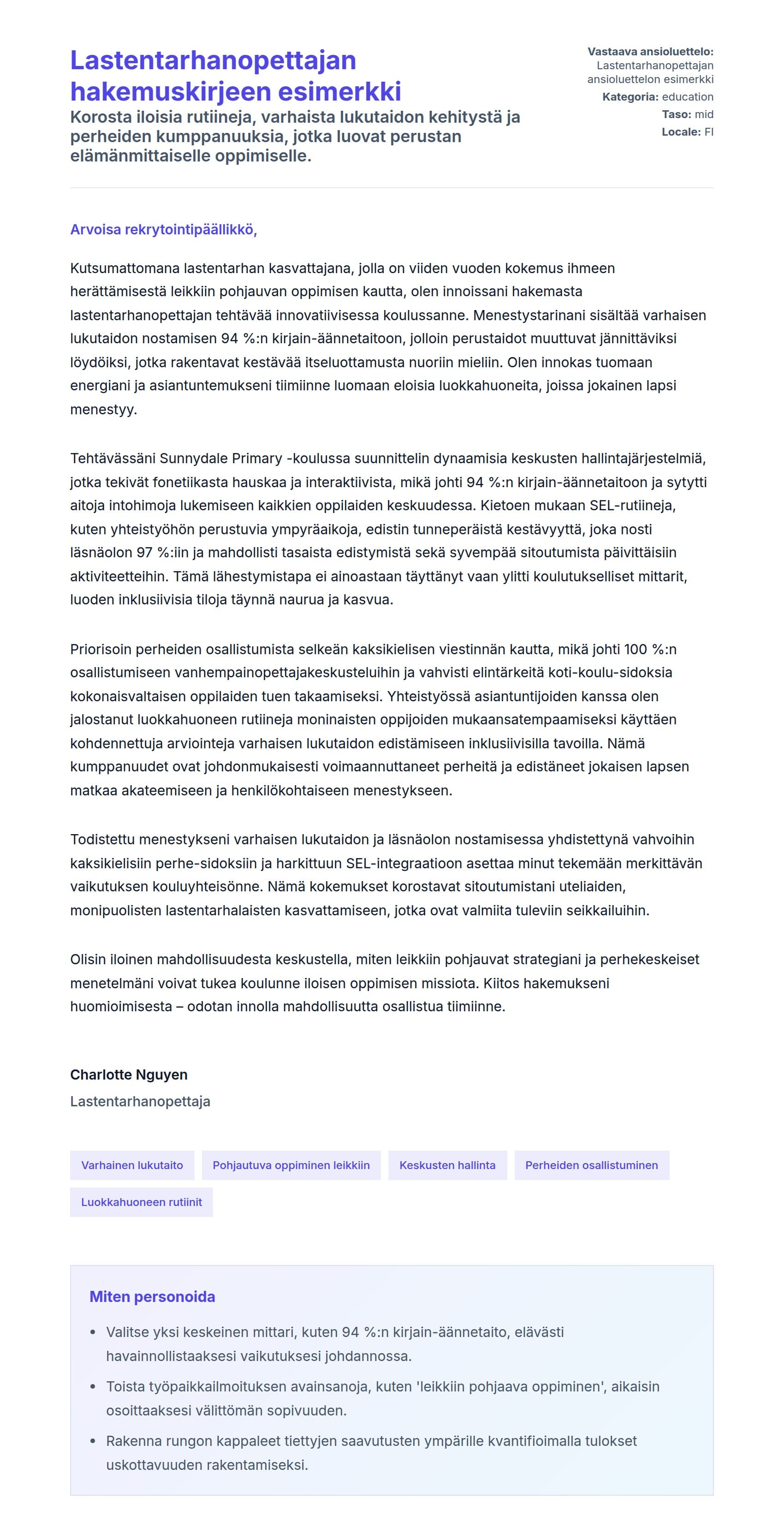 Työhakemuskirjeen esikatselu kohteelle Lastentarhanopettajan hakemuskirjeen esimerkki