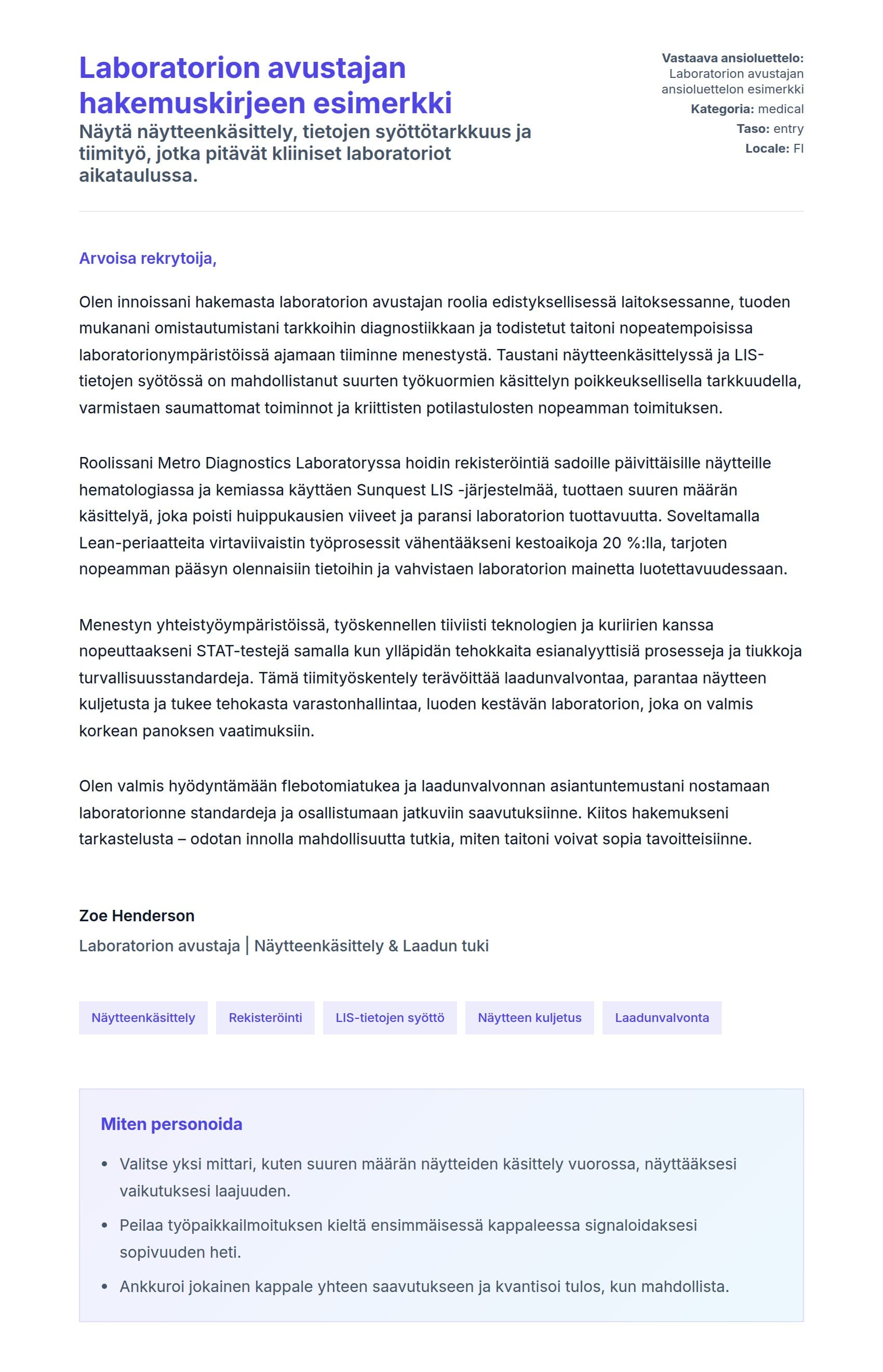Työhakemuskirjeen esikatselu kohteelle Laboratorion avustajan hakemuskirjeen esimerkki