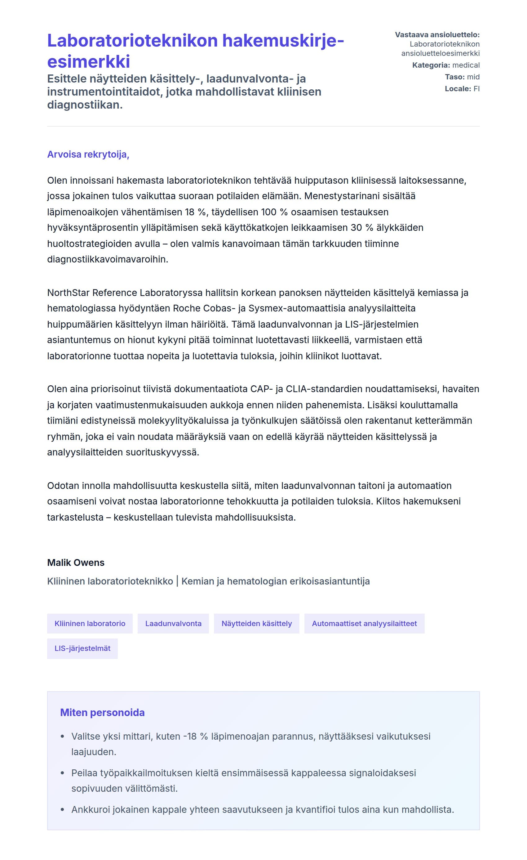 Työhakemuskirjeen esikatselu kohteelle Laboratorioteknikon hakemuskirje-esimerkki