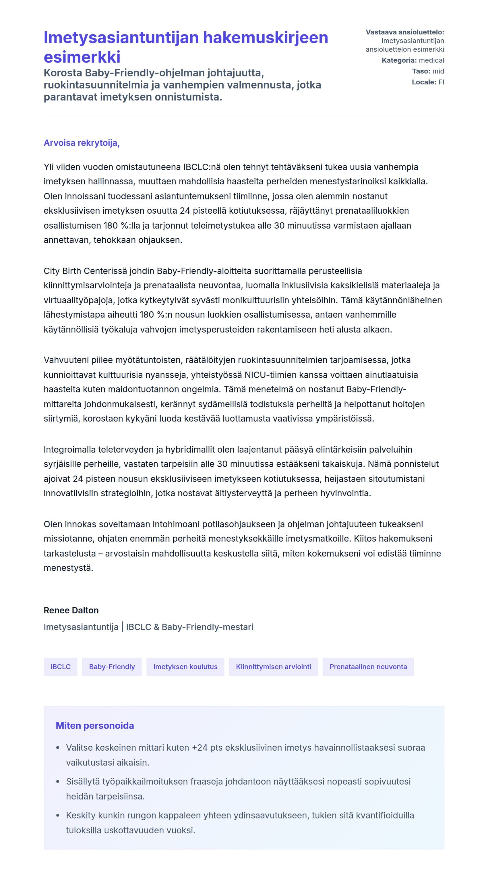 Työhakemuskirjeen esikatselu kohteelle Imetysasiantuntijan hakemuskirjeen esimerkki
