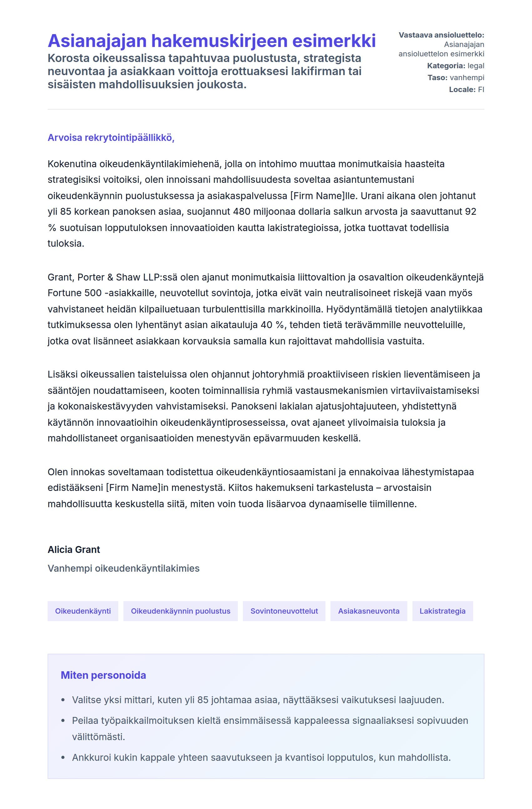 Työhakemuskirjeen esikatselu kohteelle Asianajajan hakemuskirjeen esimerkki