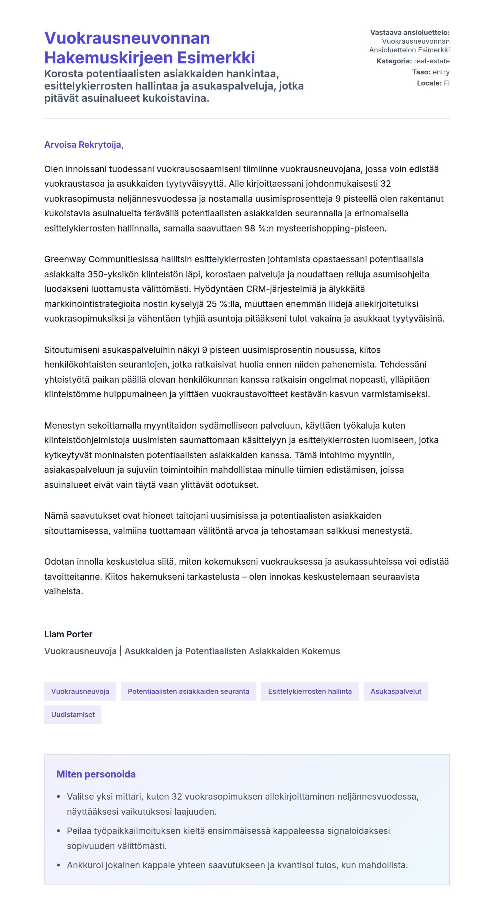 Työhakemuskirjeen esikatselu kohteelle Vuokrausneuvonnan Hakemuskirjeen Esimerkki